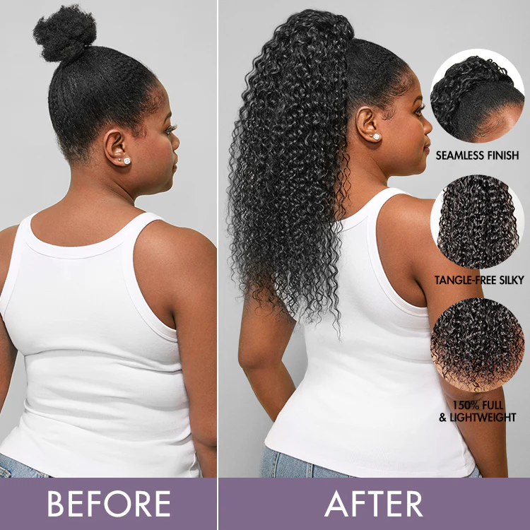 Water Wave Flexi-Fit Drawstring Ponytail Extension Human Hair Natural Black Curly Ponytail