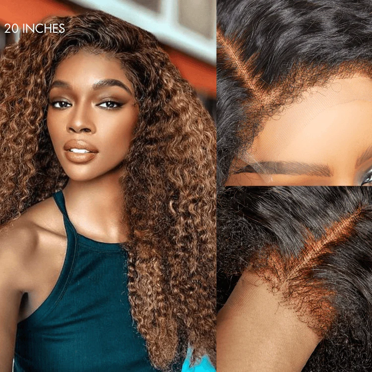 4C Edges | Kinky Edges Ombre Brown Deep Wave Glueless 13x4 Frontal HD Lace Side Part Long Wig  - US Only