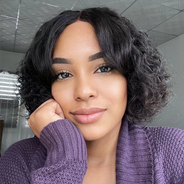Casual Bouncy Curly 4x4 Closure Lace Glueless Short Wig with Bangs 100% Human Hair - US Only