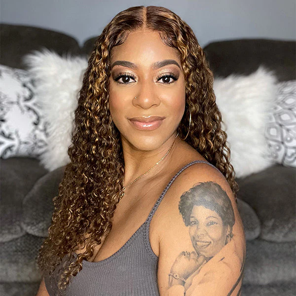 Mix Brown Deep Wave 4x4 Closure Lace Glueless Mid Part Long Wig 100% Human Hair  - US Only