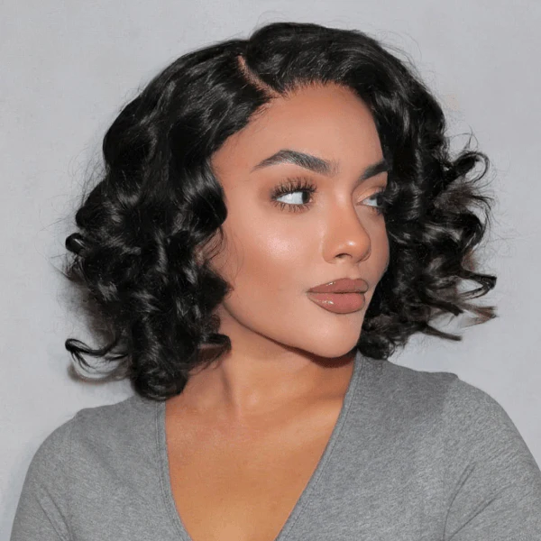 Natural Black Elegant Loose Wave 4x4 Closure Lace Glueless C Part Short Wig 100% Human Hair  - US Only