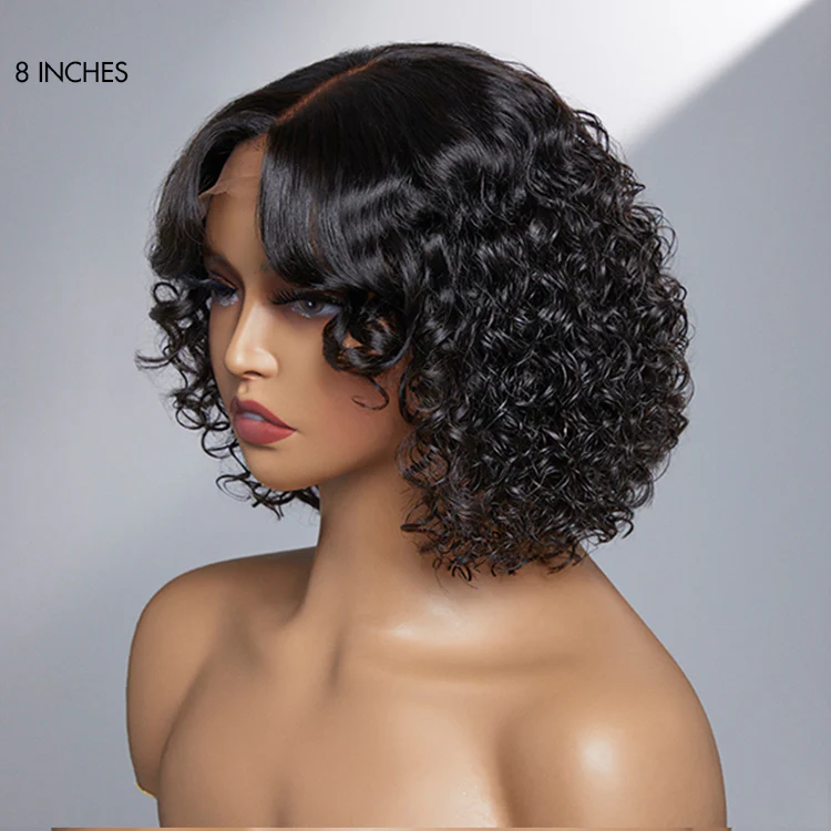 Casual Bouncy Curly 4x4 Closure Lace Glueless Short Wig with Bangs 100% Human Hair - US Only