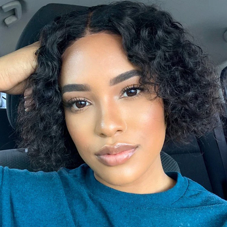 Casual Bouncy Curly 4x4 Closure Lace Glueless Short Wig with Bangs 100% Human Hair - US Only
