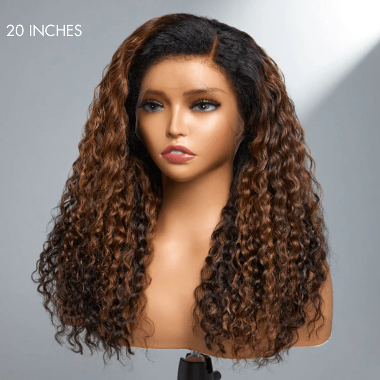 4C Edges | Kinky Edges Ombre Brown Deep Wave Glueless 13x4 Frontal HD Lace Side Part Long Wig  - US Only