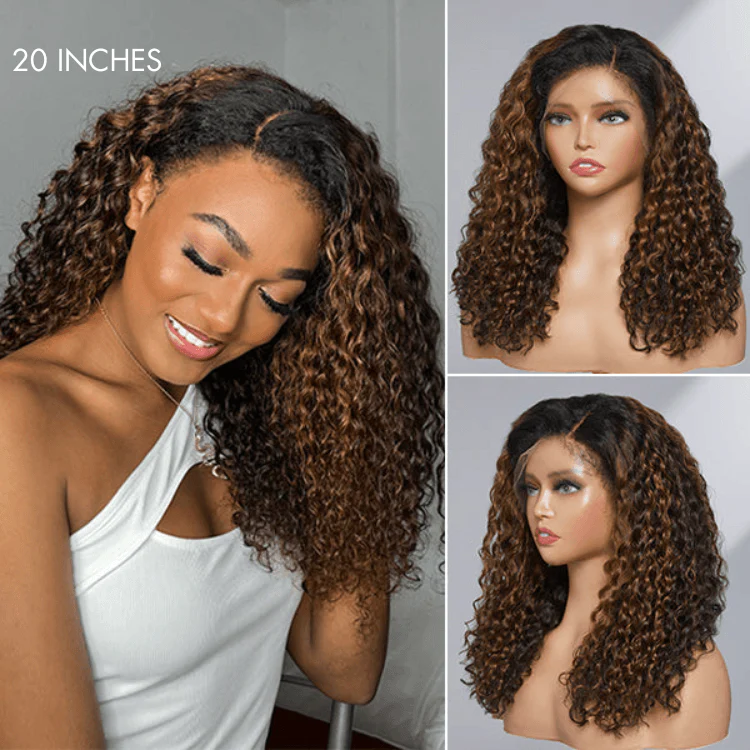 4C Edges | Kinky Edges Ombre Brown Deep Wave Glueless 13x4 Frontal HD Lace Side Part Long Wig  - US Only