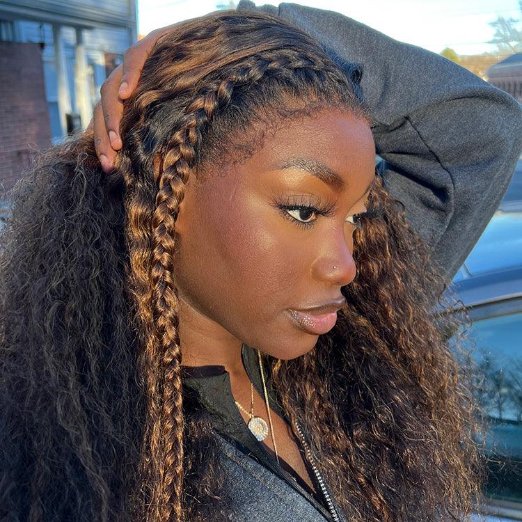 4C Edges | Kinky Edges Ombre Brown Deep Wave Glueless 13x4 Frontal HD Lace Side Part Long Wig  - US Only