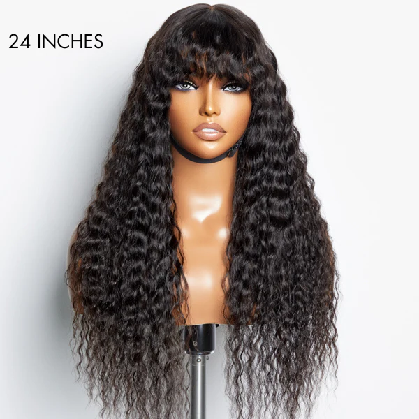 Boho-Chic | Romantic Bohemian Curly Minimalist Lace Glueless Long Wig with Cute Bangs - US Only
