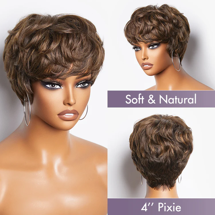 Pixie Cut Blonde Highlight No Lace Glueless Short Wig with Bangs Ready to Go  - US Only