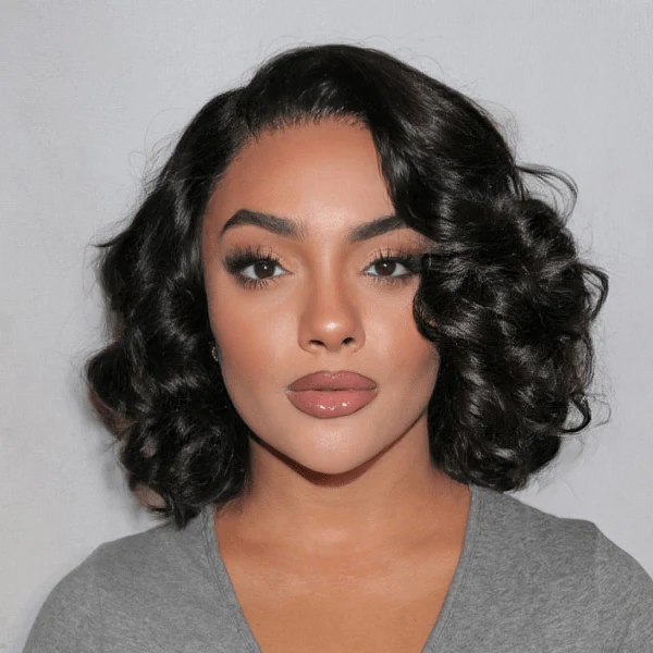 Natural Black Elegant Loose Wave 4x4 Closure Lace Glueless C Part Short Wig 100% Human Hair  - US Only