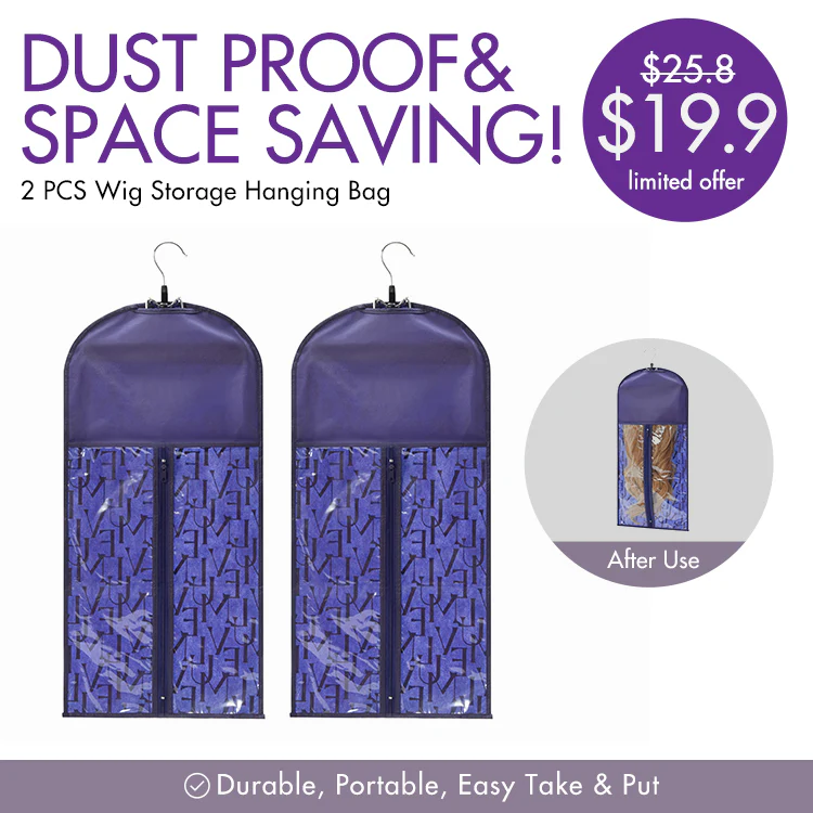 2pcs Portable Hair Extension Storage Wig Bags with Anti-slip Wooden Hanger & Transparent Zip Up Closure | Add-on Item