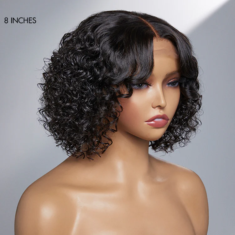 Casual Bouncy Curly 4x4 Closure Lace Glueless Short Wig with Bangs 100% Human Hair - US Only