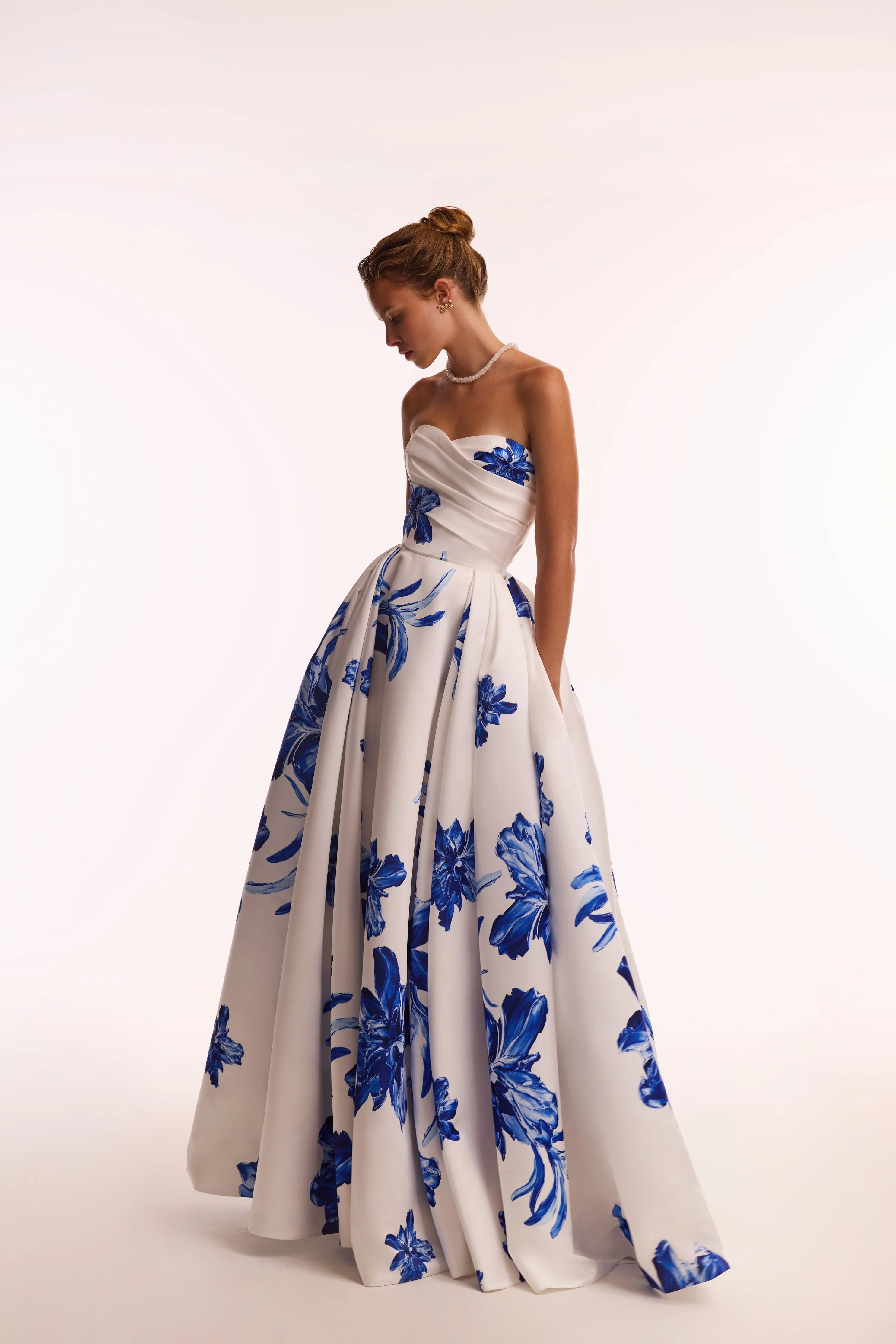 Wonderful white A-line maxi dress with blue flowers, Glow-Up