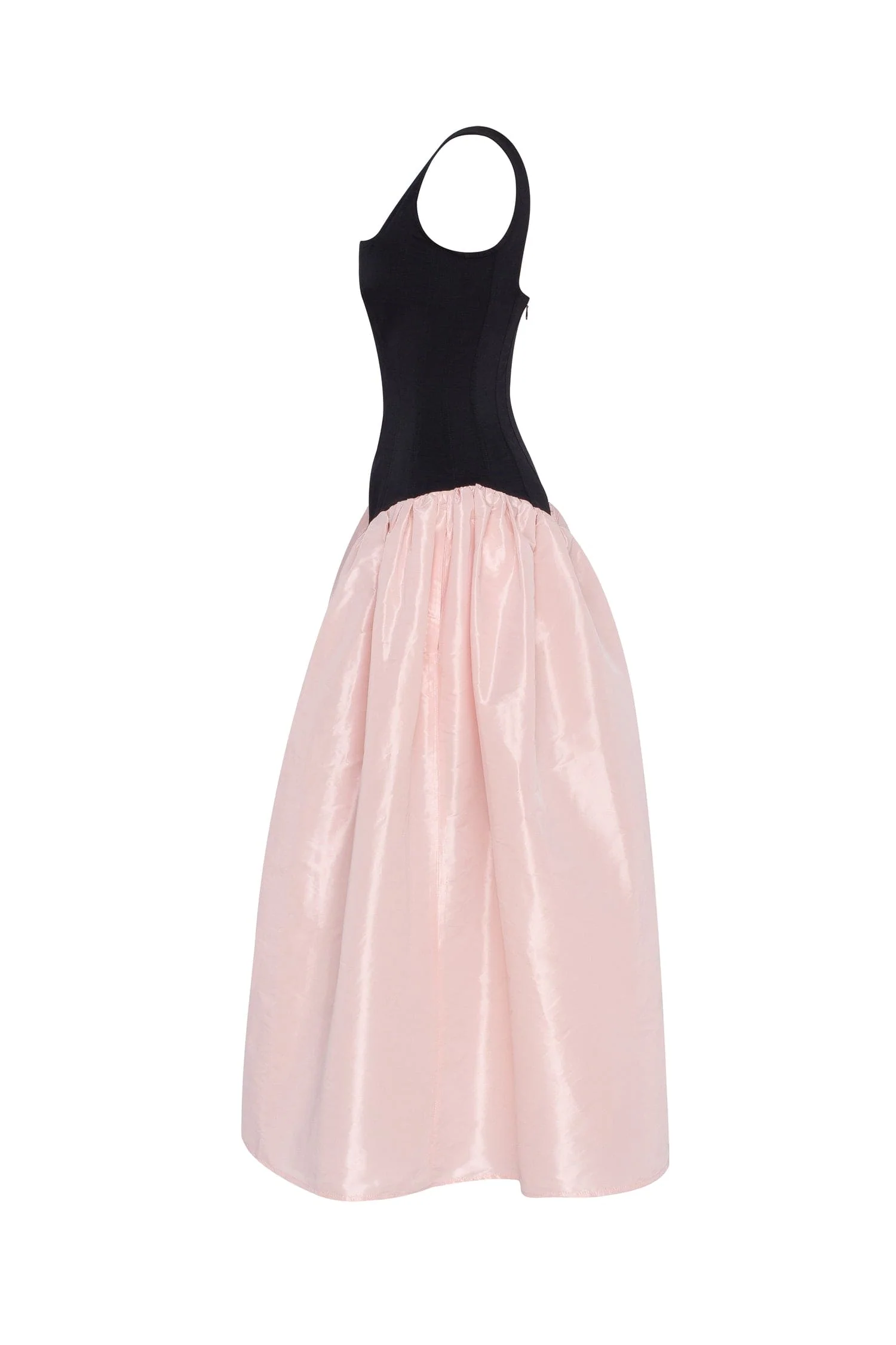 Black corset dress on straps with a glossy pink midi skirt