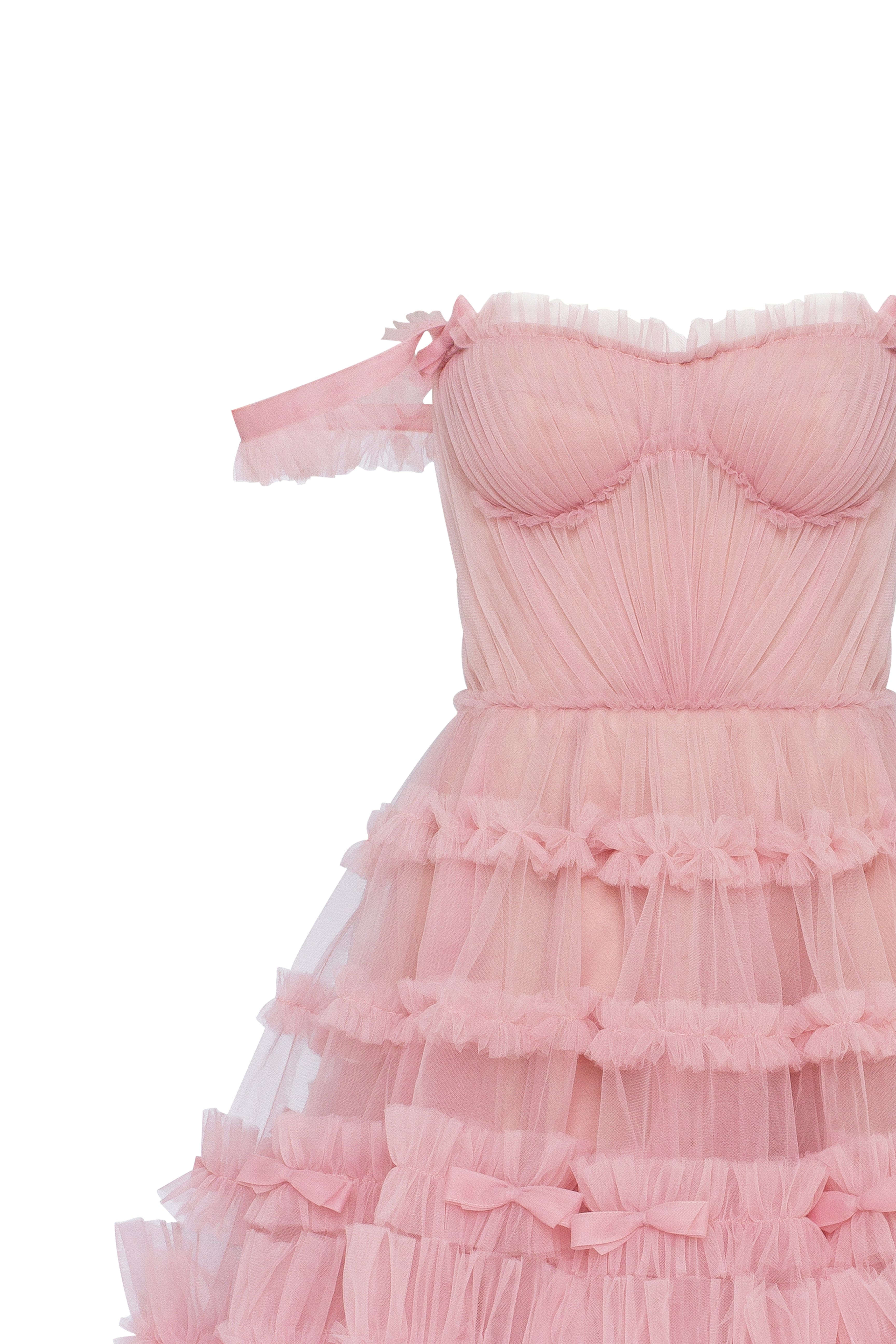 Flirty ruffled tulle mini dress in misty rose, Glow-Up