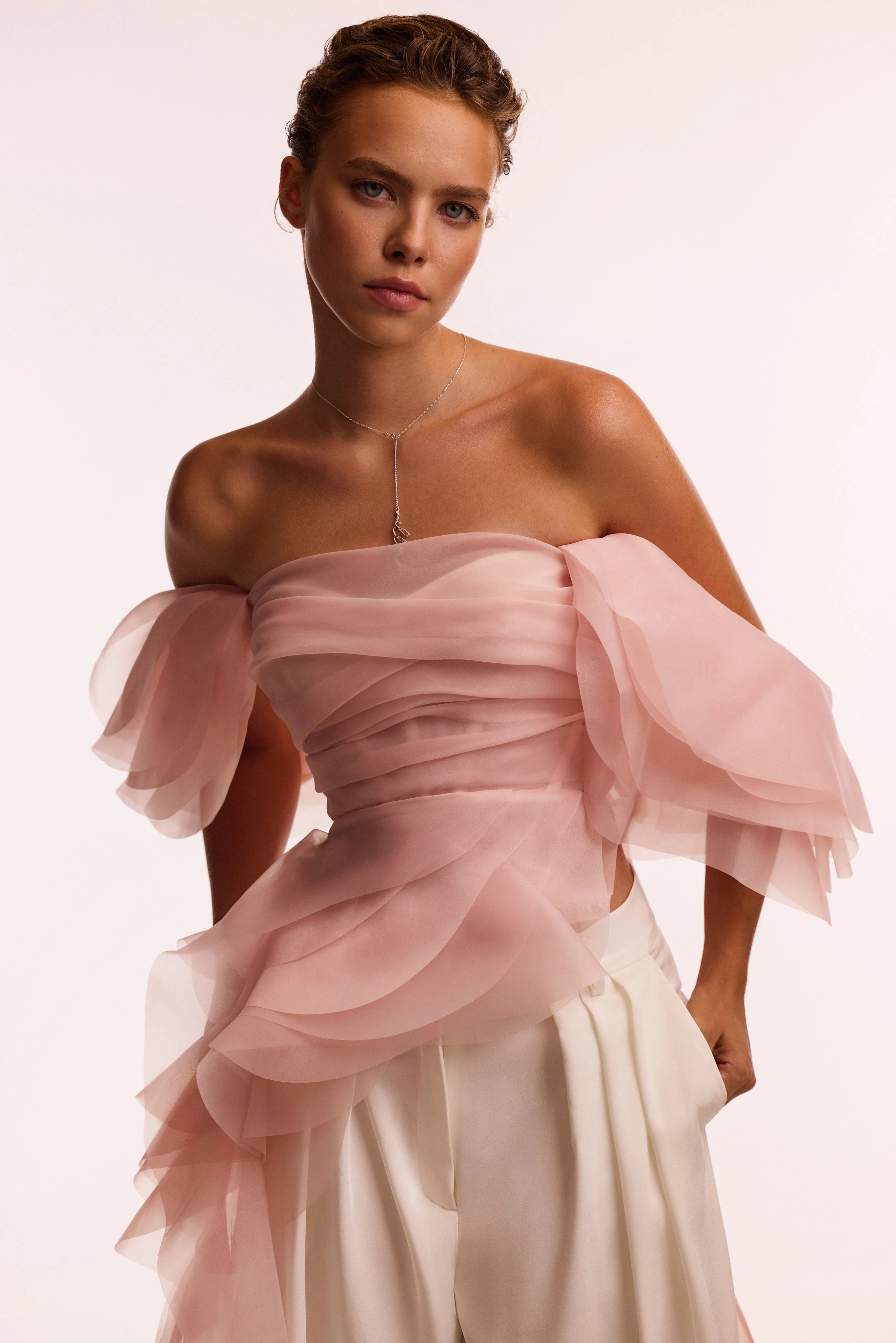 Dreamy off-shoulder blouse with meringue flounces in misty rose, Midnight Walk
