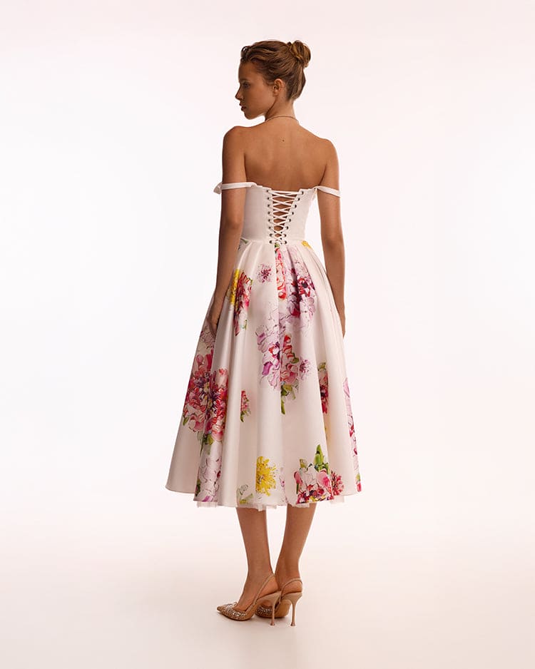 Tea-length ivory floral dress, Glow-Up