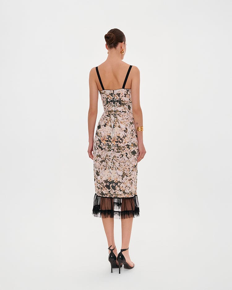 Floral midi dress with puffy tulle hem