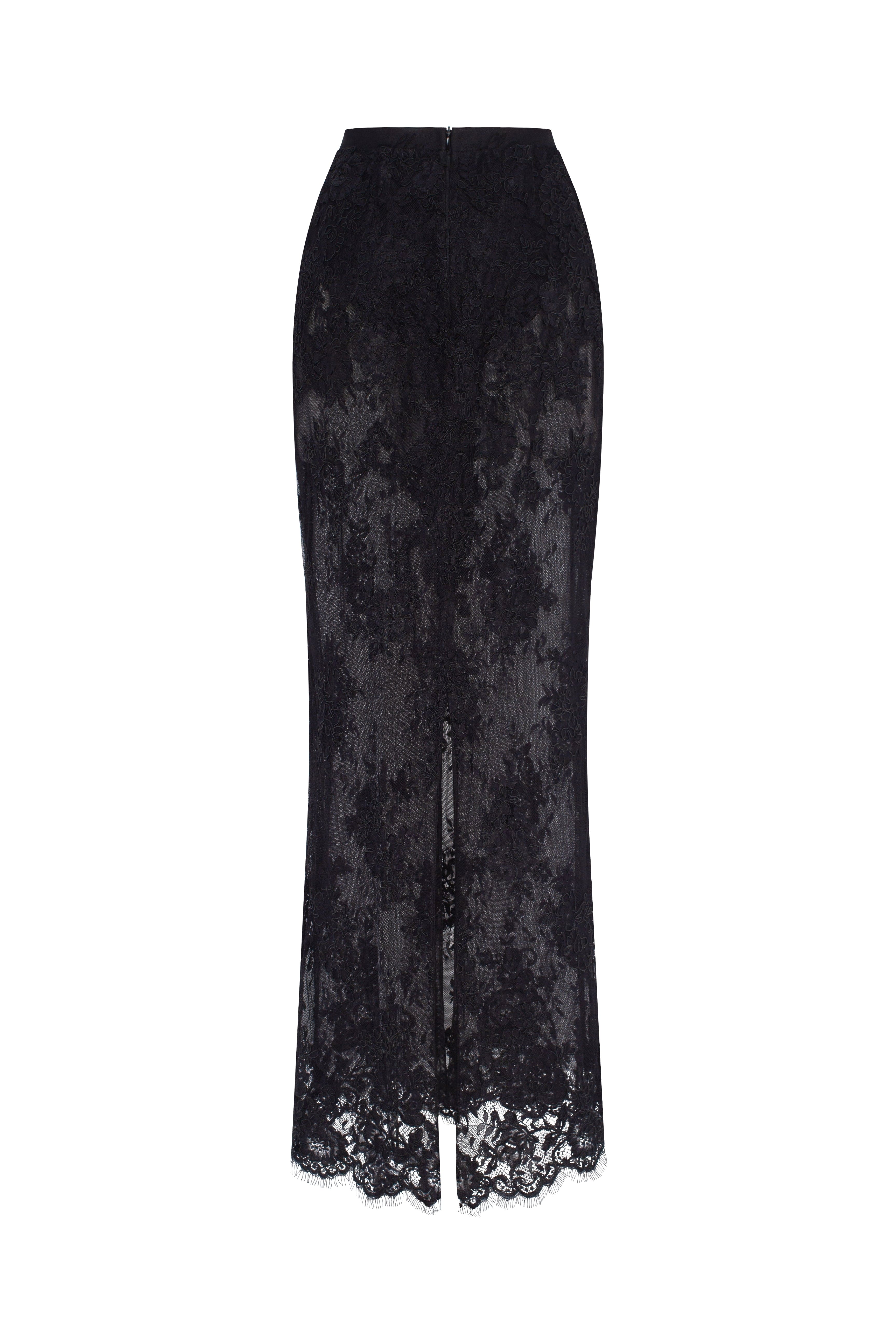 Sensual semi-sheer maxi skirt crafted from black floral lace, Parisienne