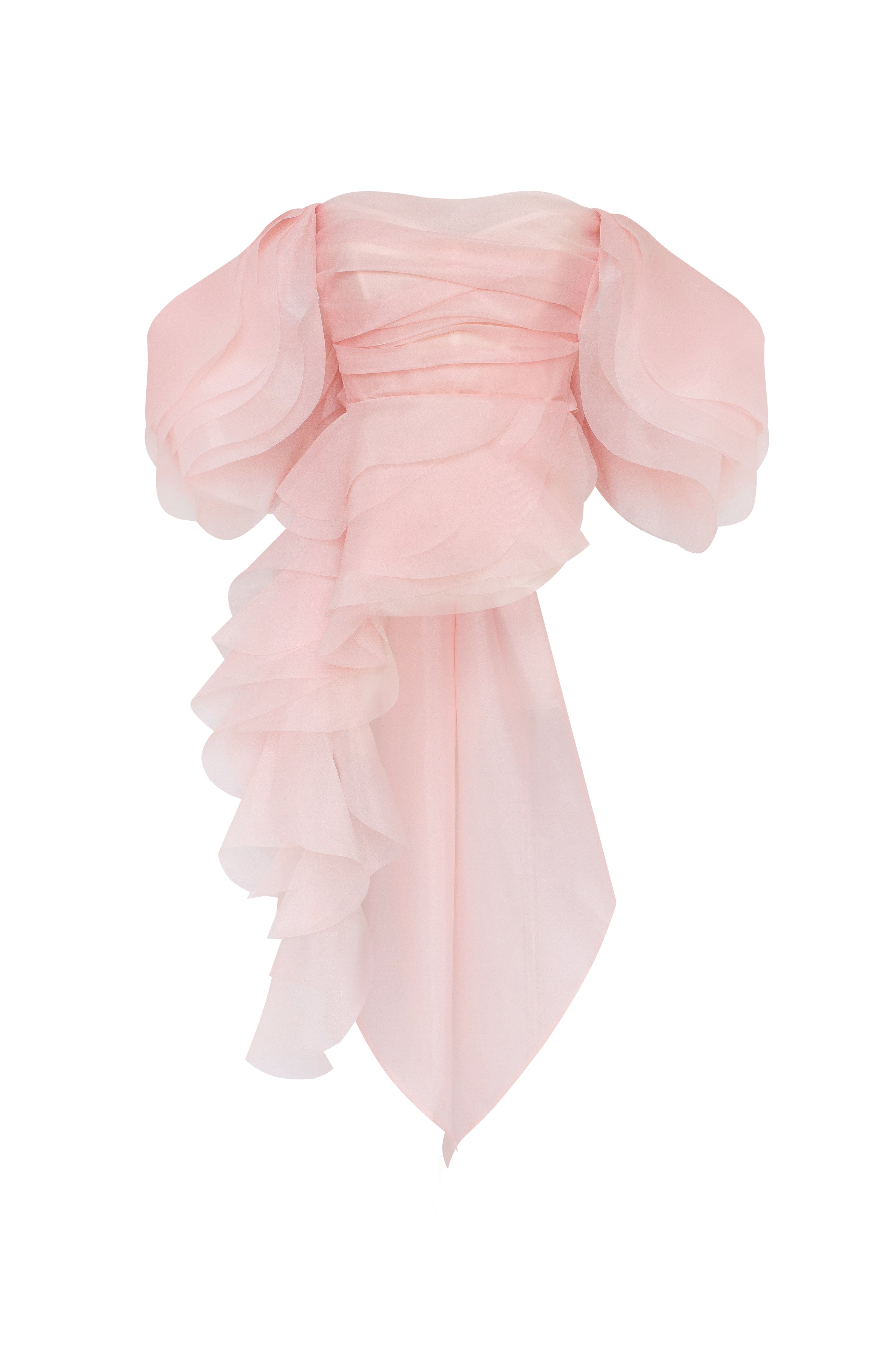 Dreamy off-shoulder blouse with meringue flounces in misty rose, Midnight Walk