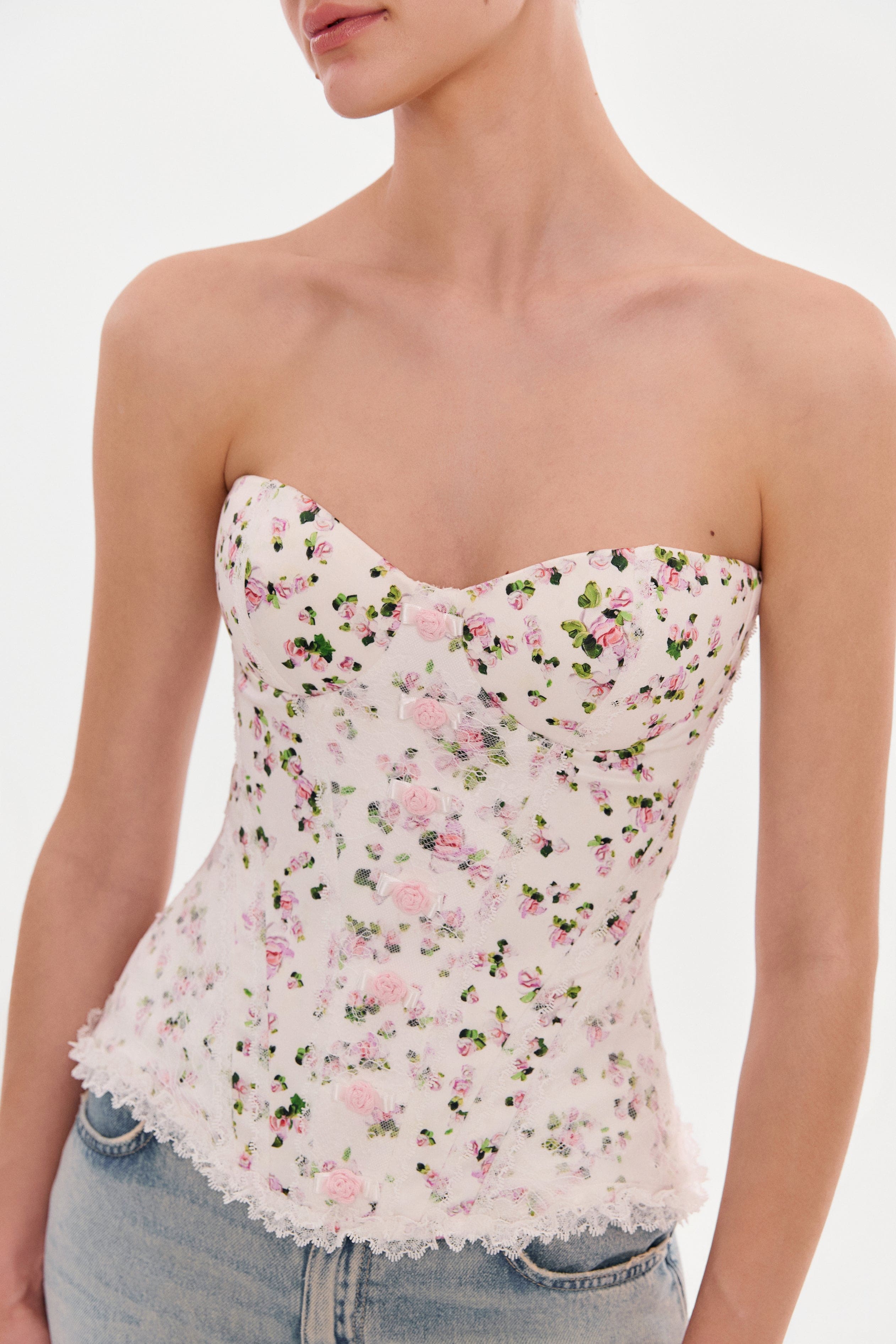 Romantic apple blossom corset with rosebud appliques