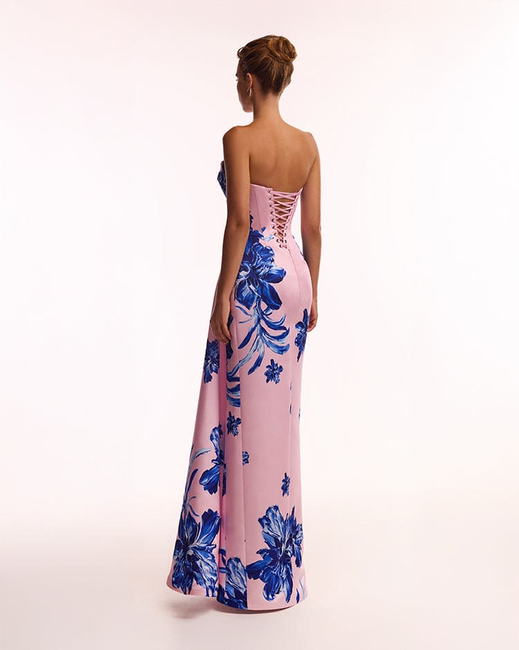 Strapless pink maxi dress with blue-flowered pattern, Glow-Up