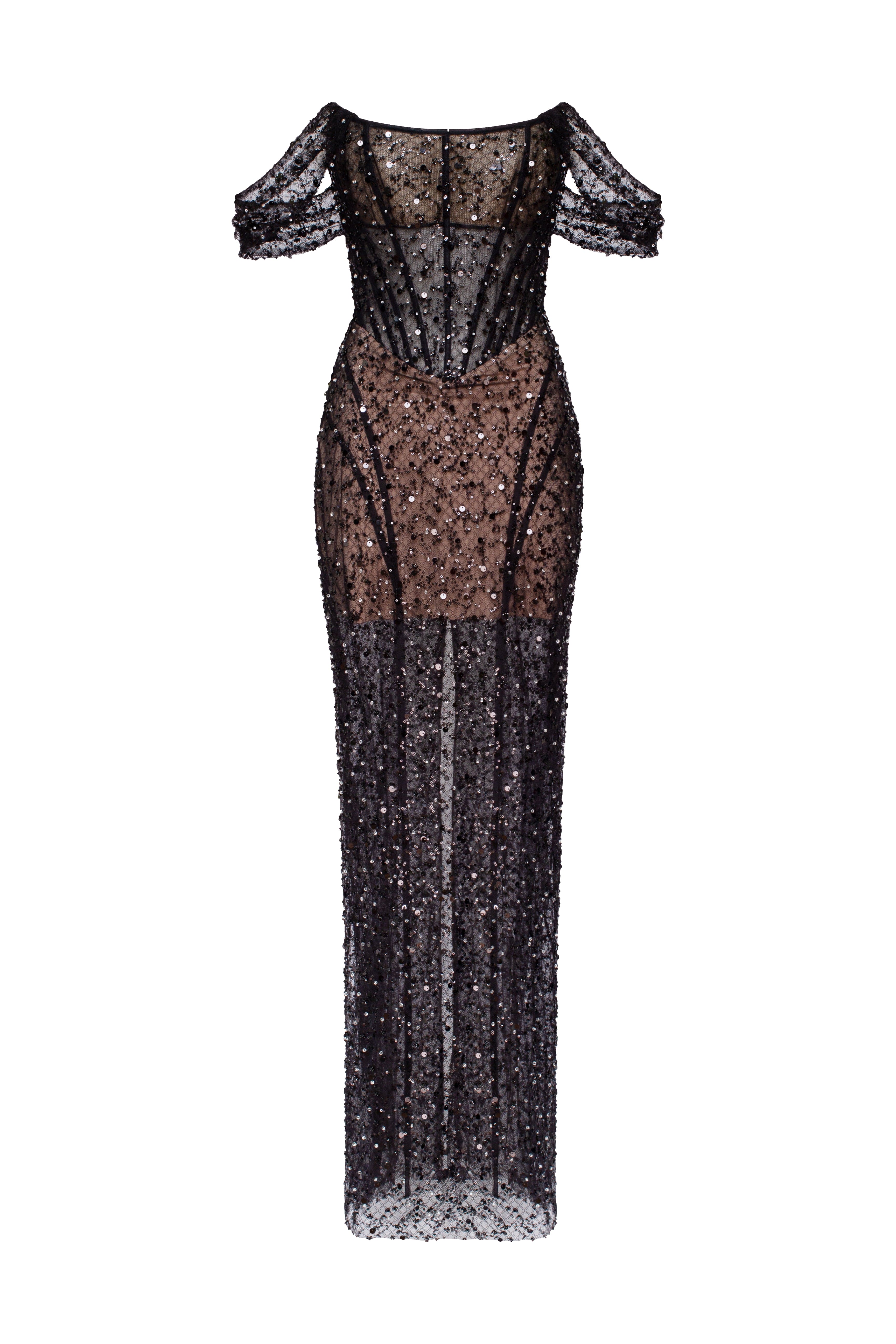 Striking black sequined fitted maxi dress, Midnight Walk