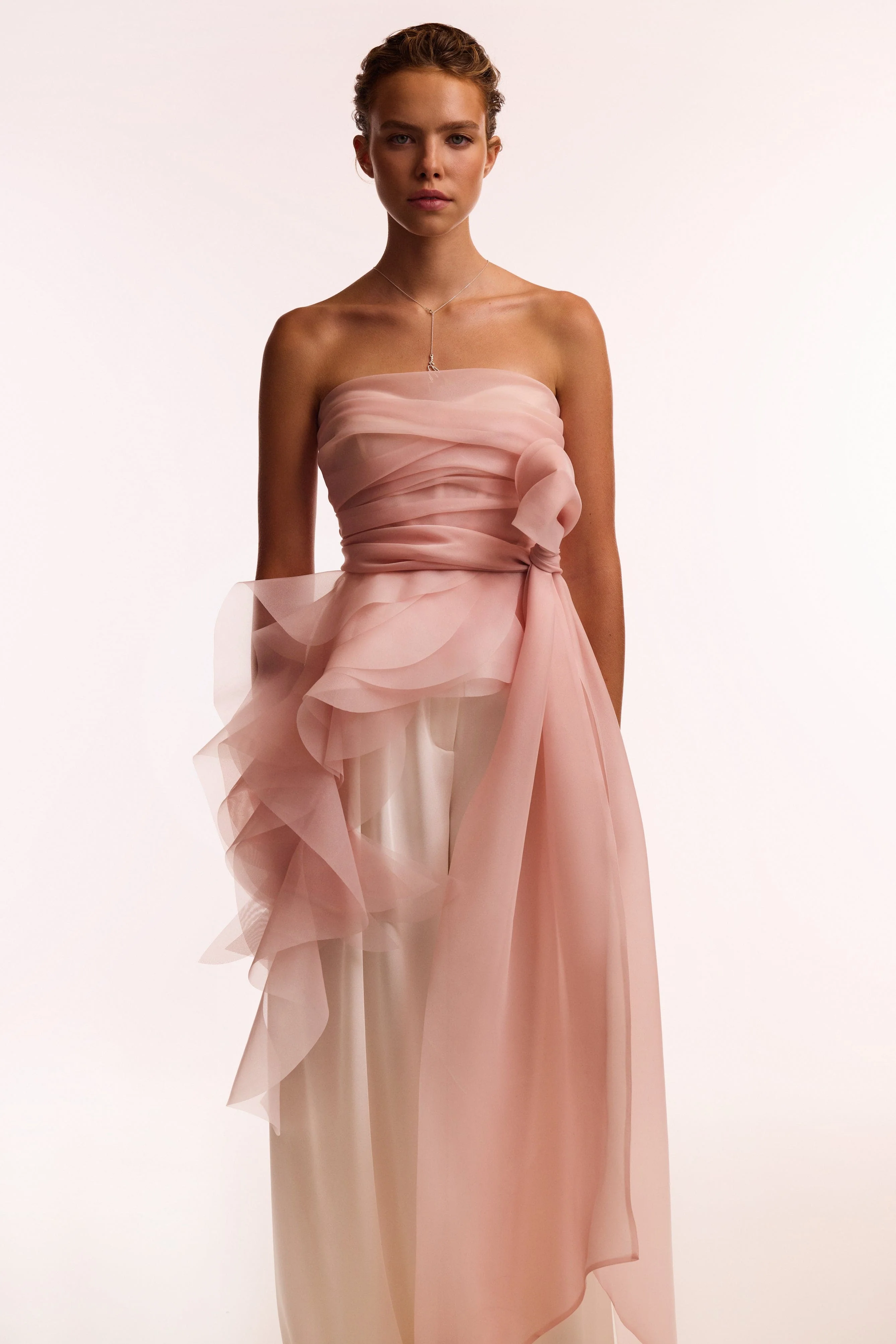 Dreamy off-shoulder blouse with meringue flounces in misty rose, Midnight Walk