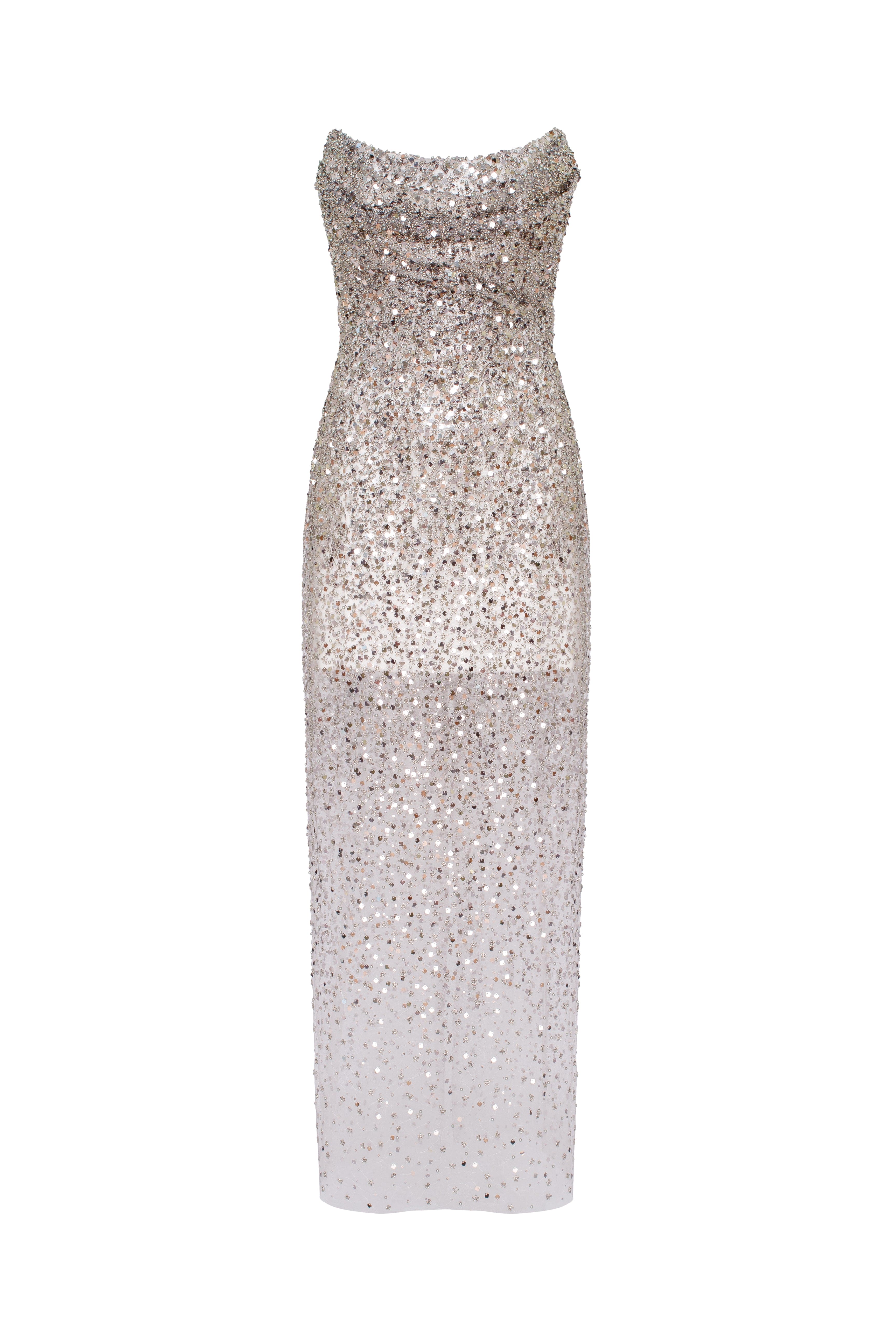 Entrance-worthy semi-sheer sequined silver maxi dress, Midnight Walk