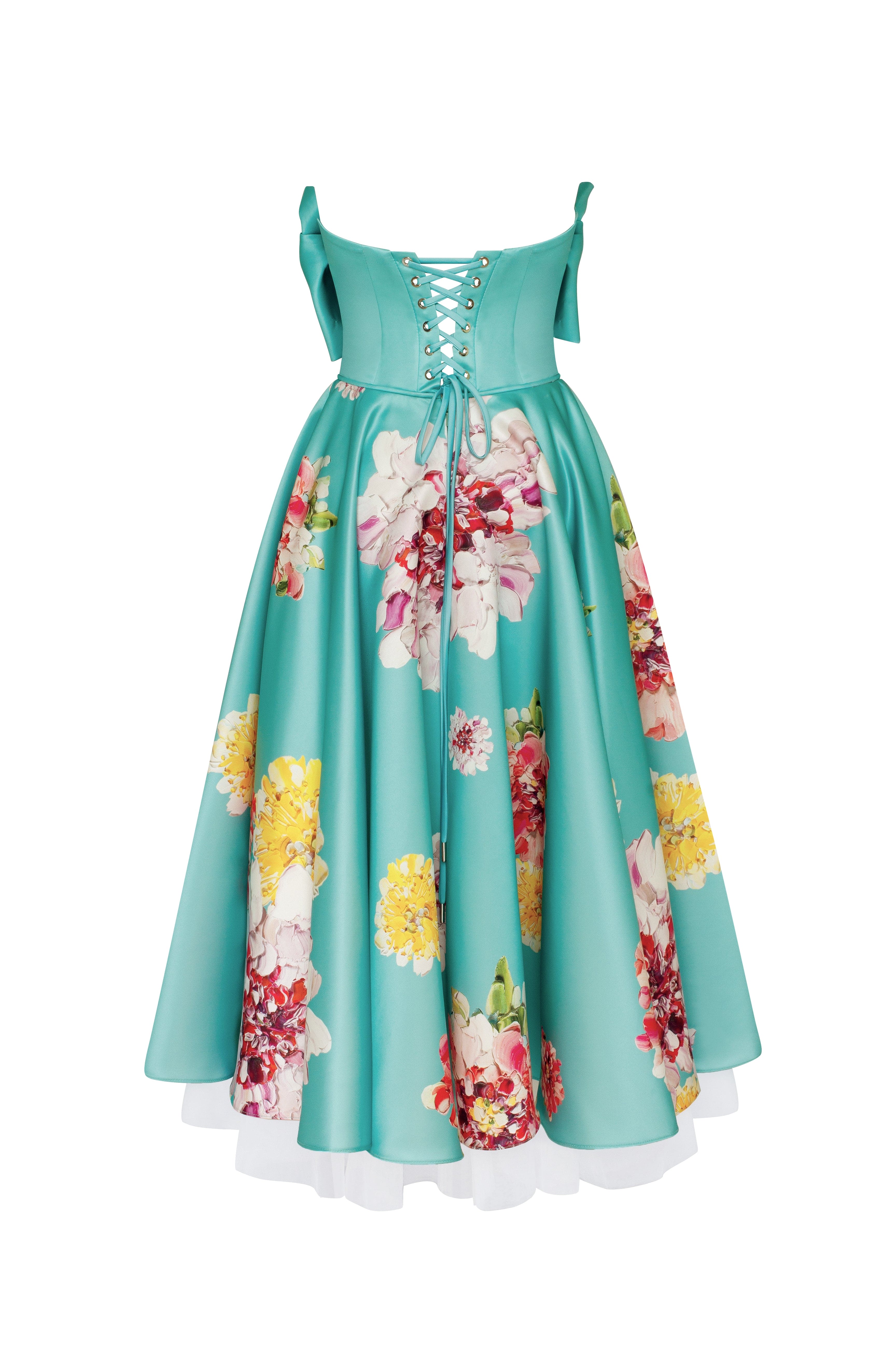 Playful aquamarine floral midi dress with bow, Glow-Up
