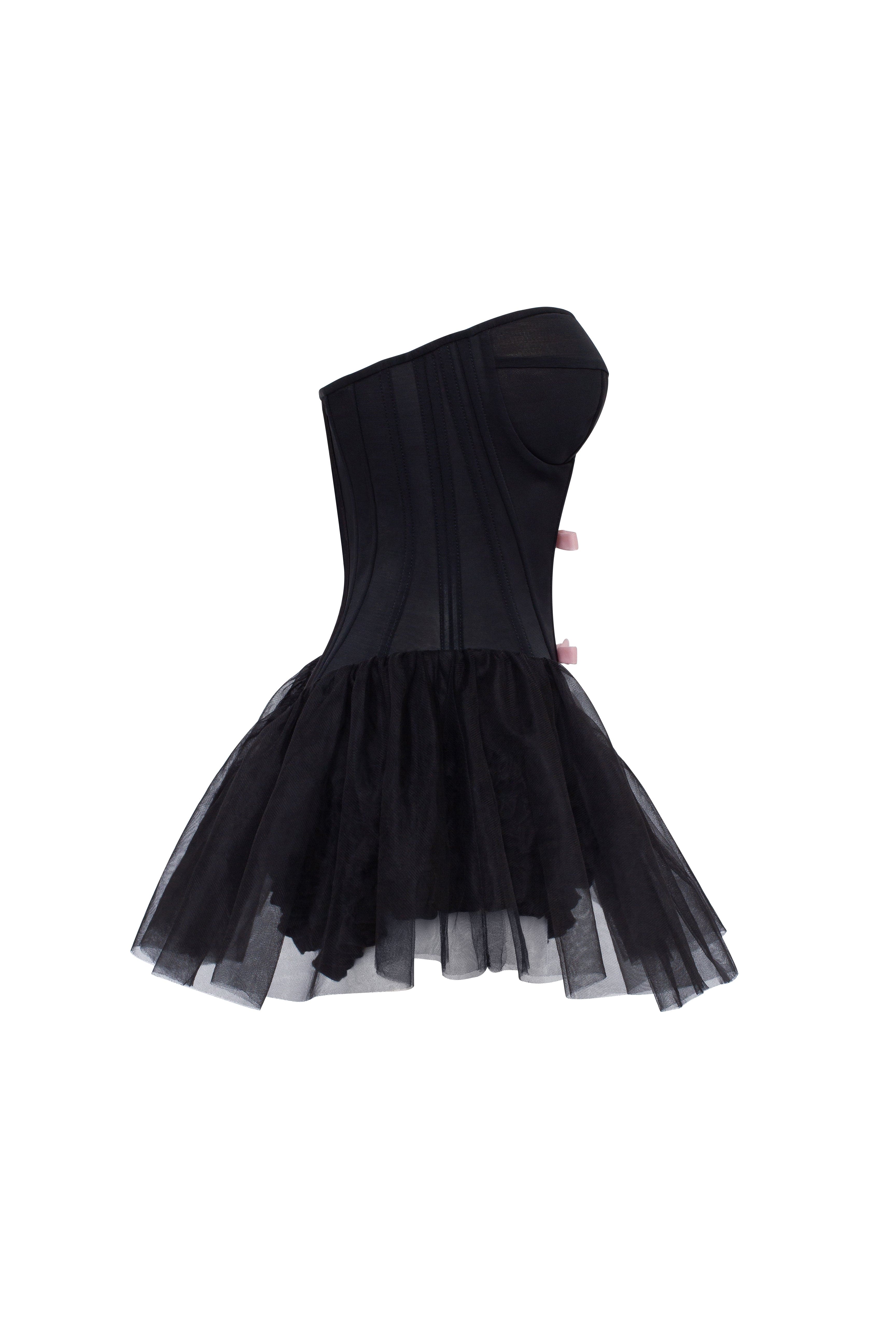 Tutu black mini dress with cute pink bows, Midnight Walk
