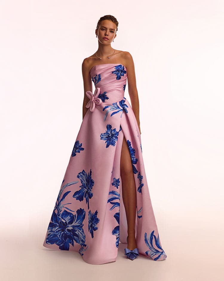 Dainty pink A-line maxi dress with blue-flowered pattern, Glow-Up