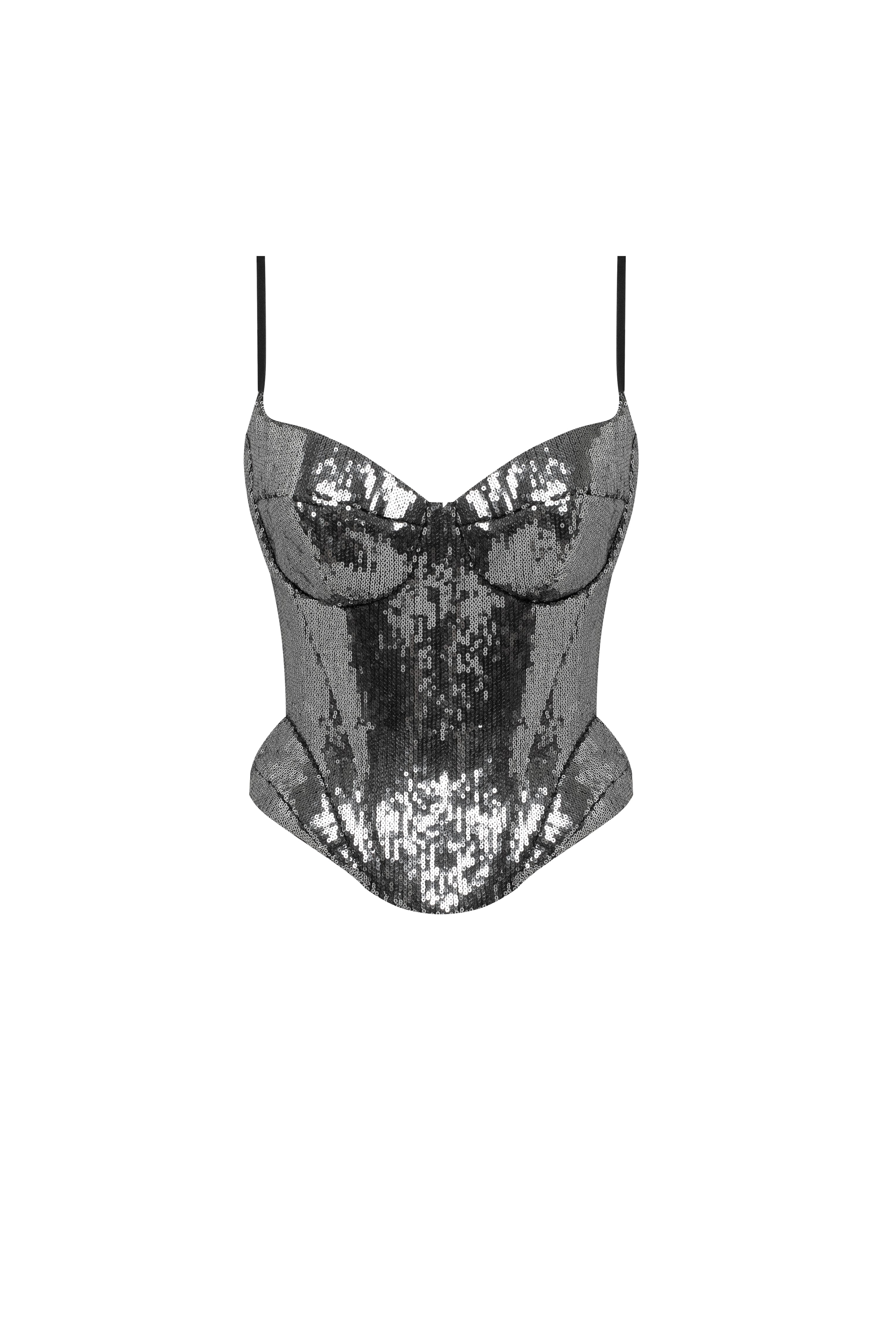 Sensational spaghetti straps sequined gray corset, Midnight Walk