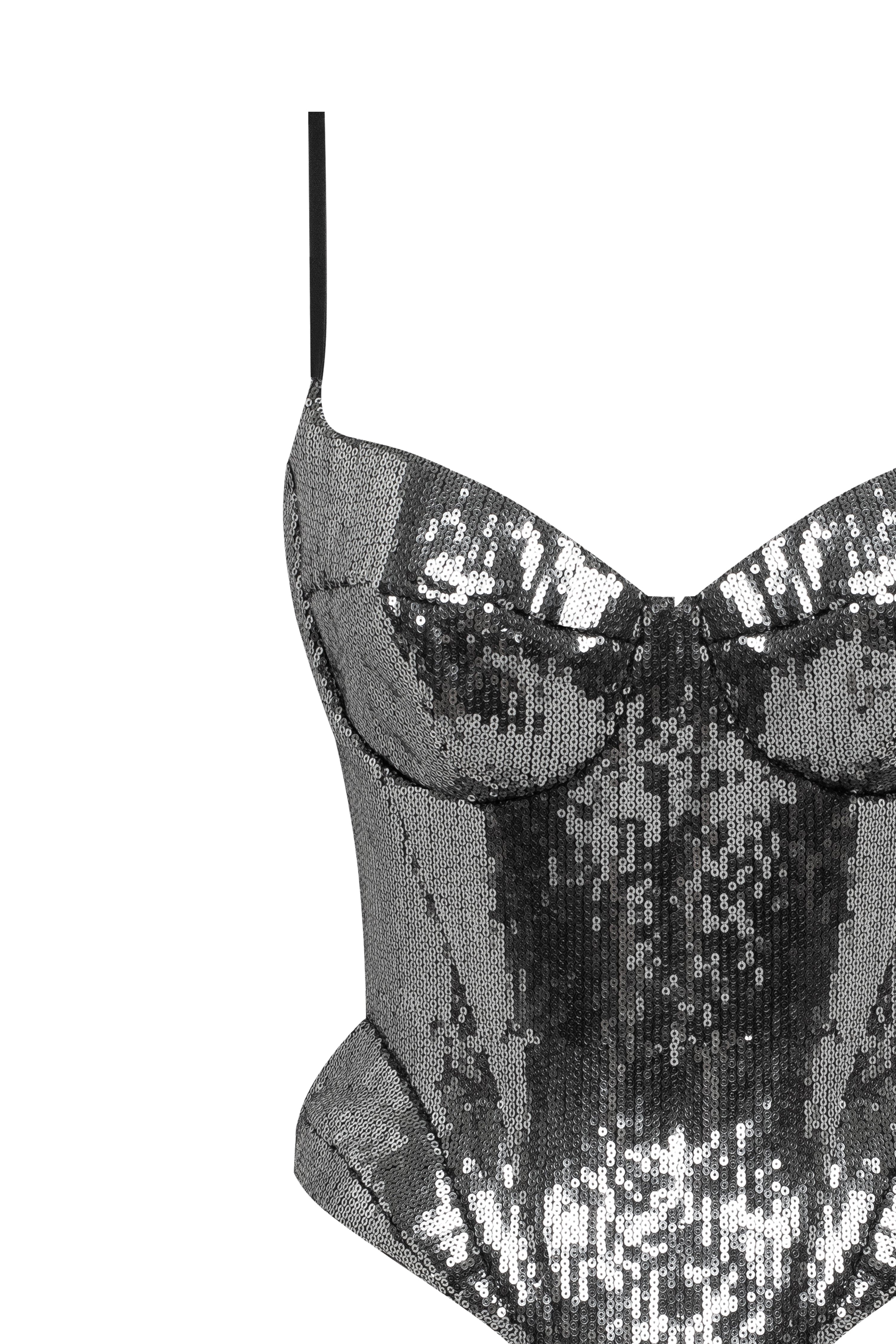 Sensational spaghetti straps sequined gray corset, Midnight Walk