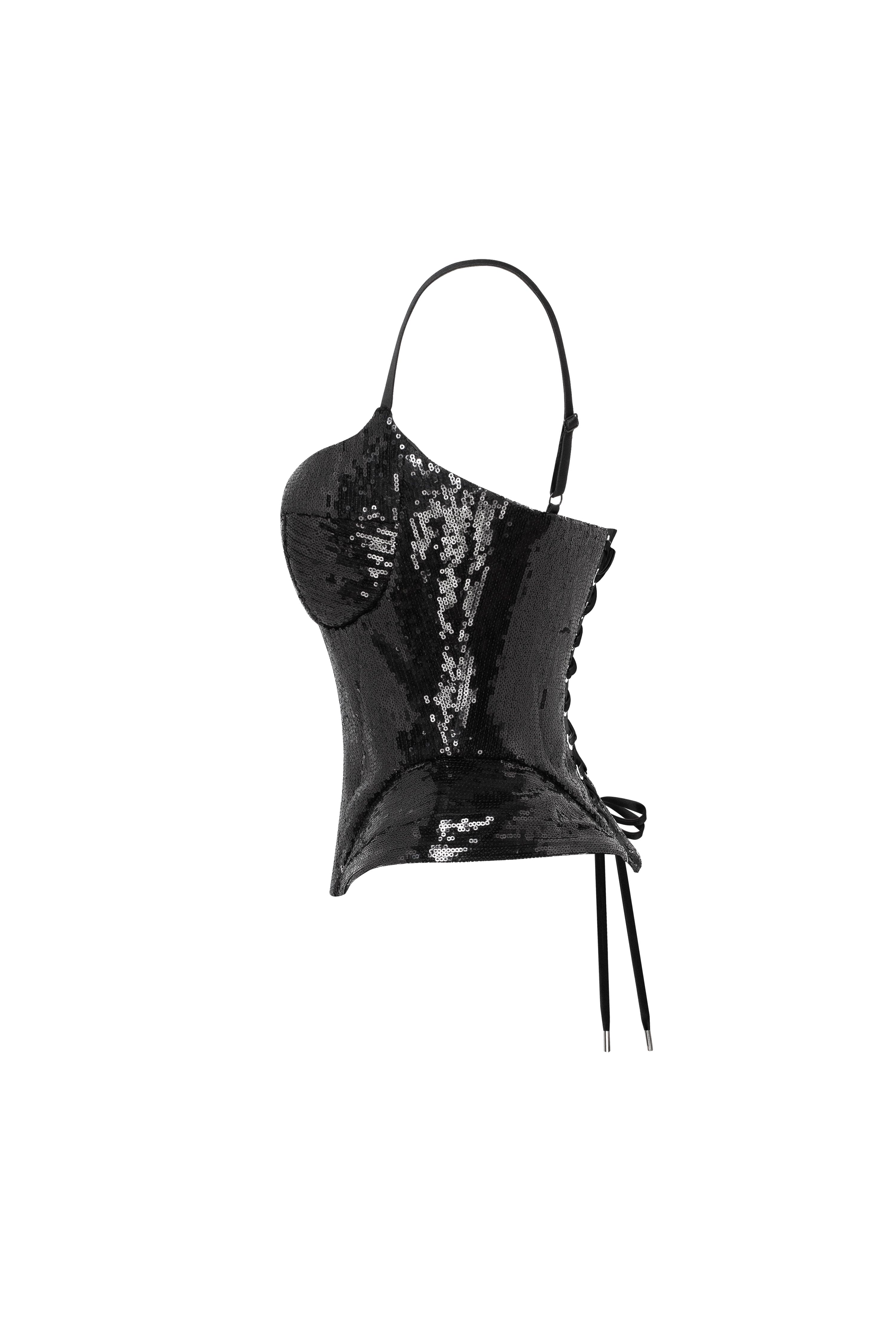 Sensational spaghetti straps sequined black corset, Midnight Walk