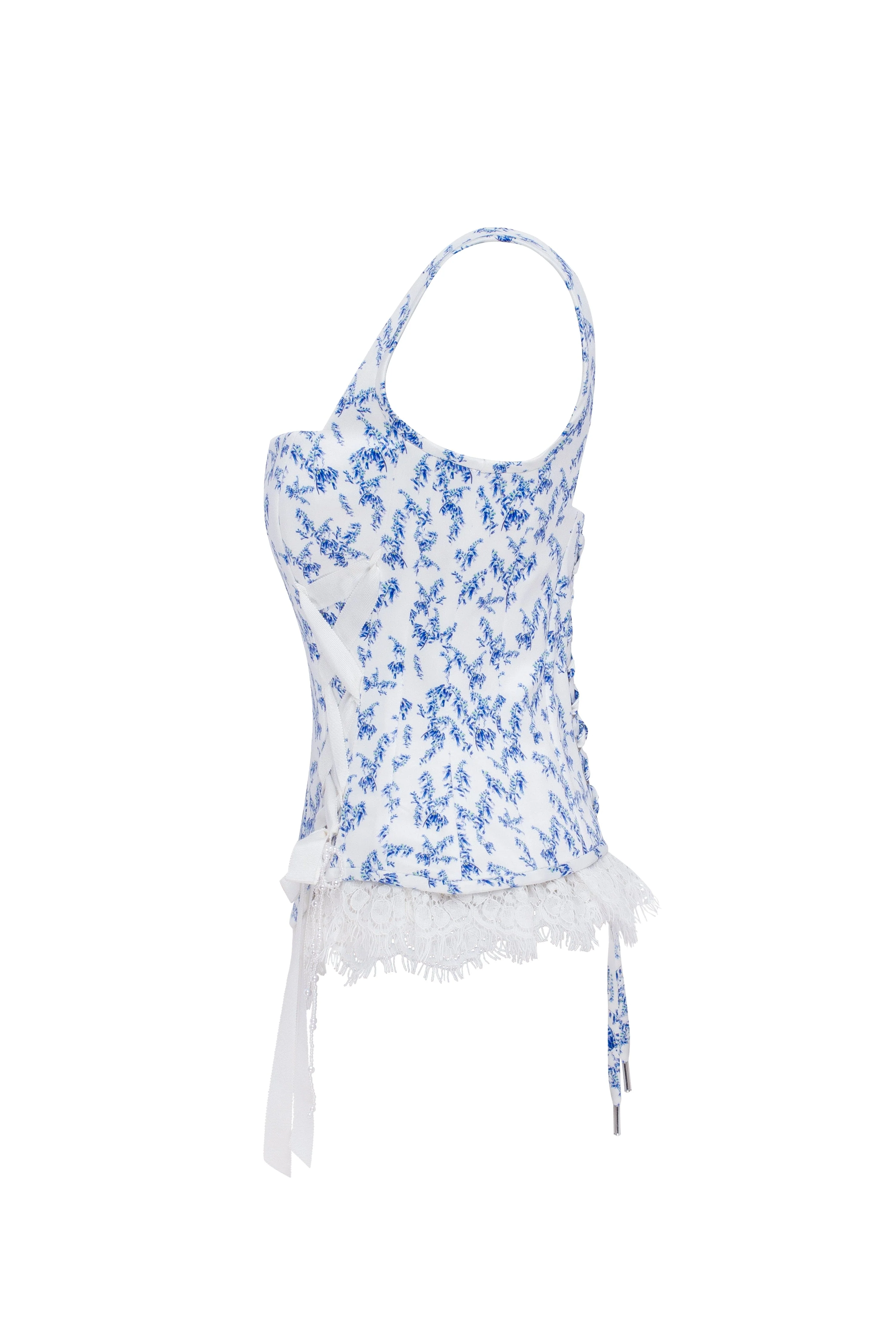 Blue lavender corset on straps with bows and ribbon lacing