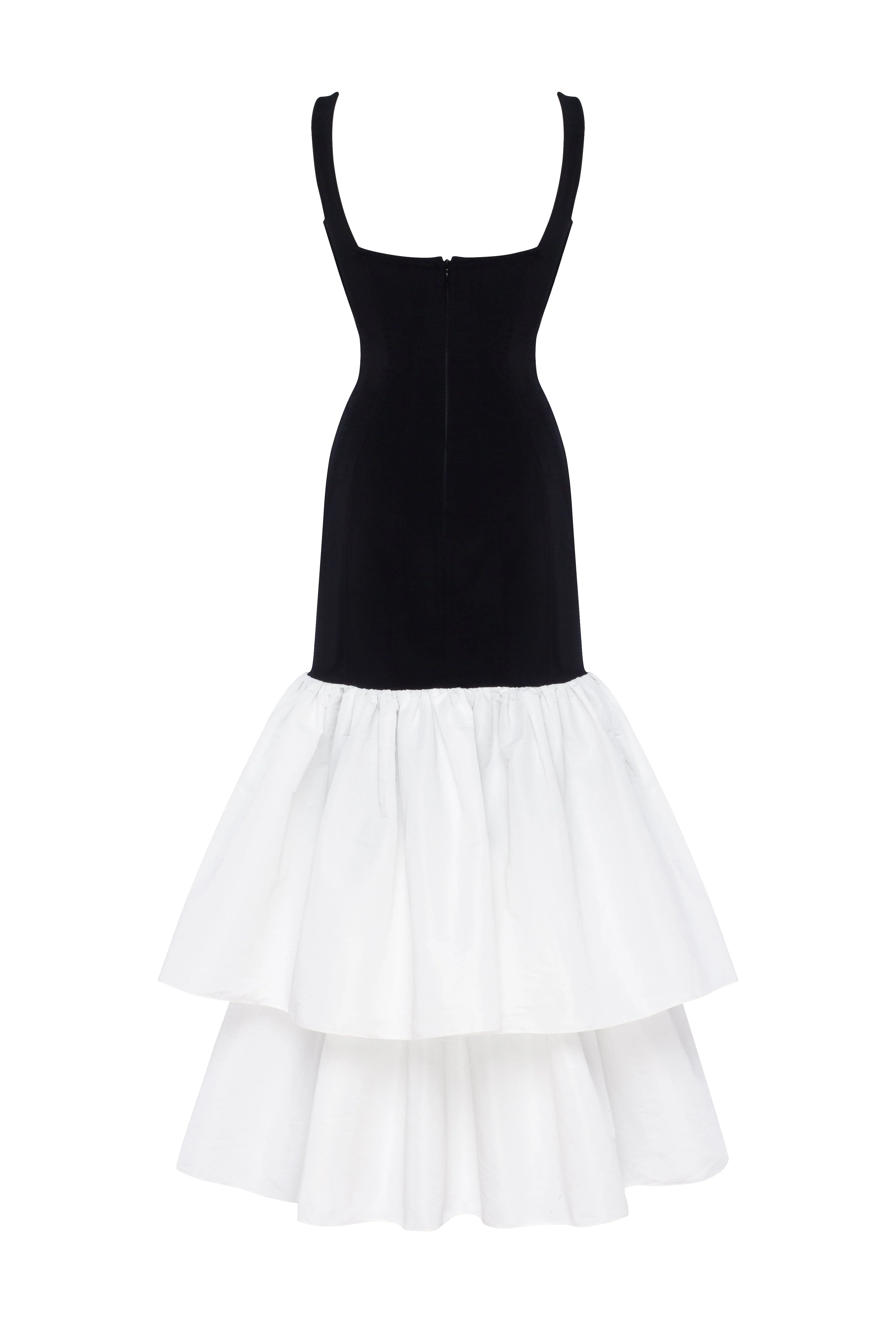 Black fitted maxi dress with white puffy tiered skirt, Parisienne