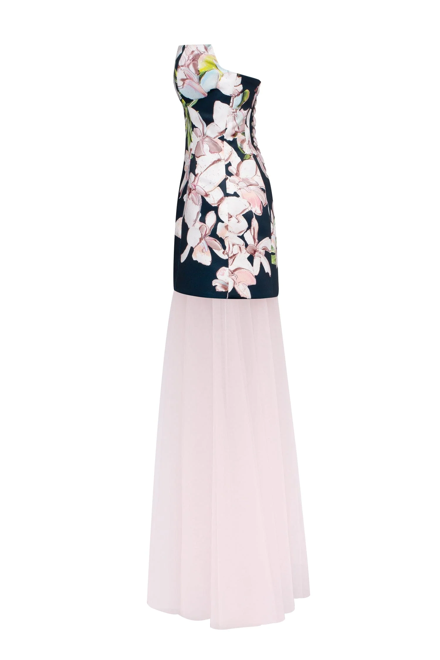 2-in-1 floral mini with a detachable candy pink sheer underskirt