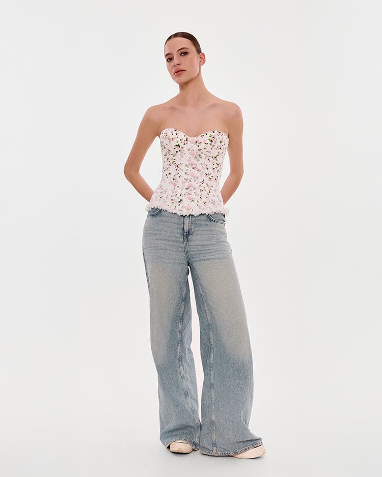 Romantic apple blossom corset with rosebud appliques