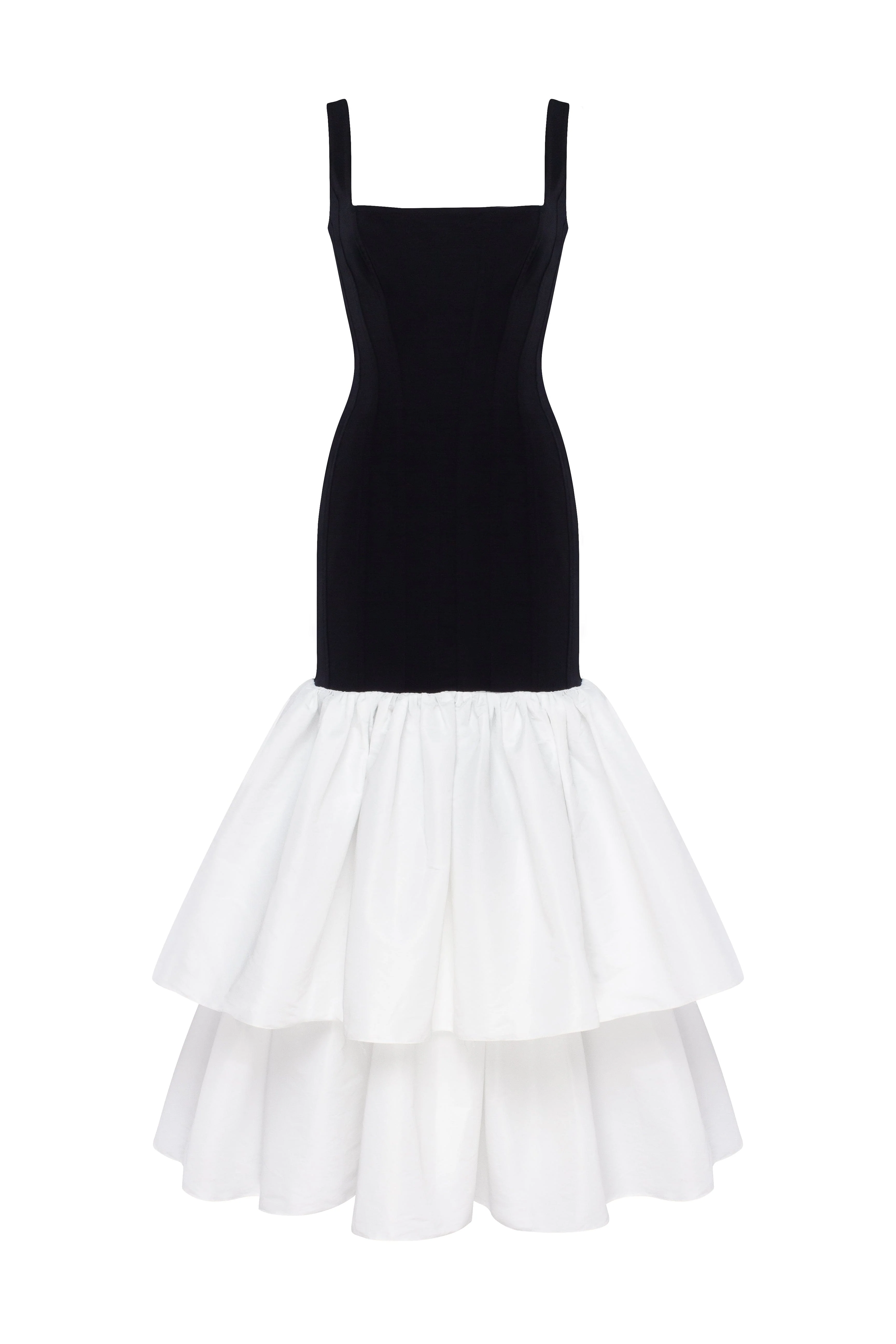 Black fitted maxi dress with white puffy tiered skirt, Parisienne