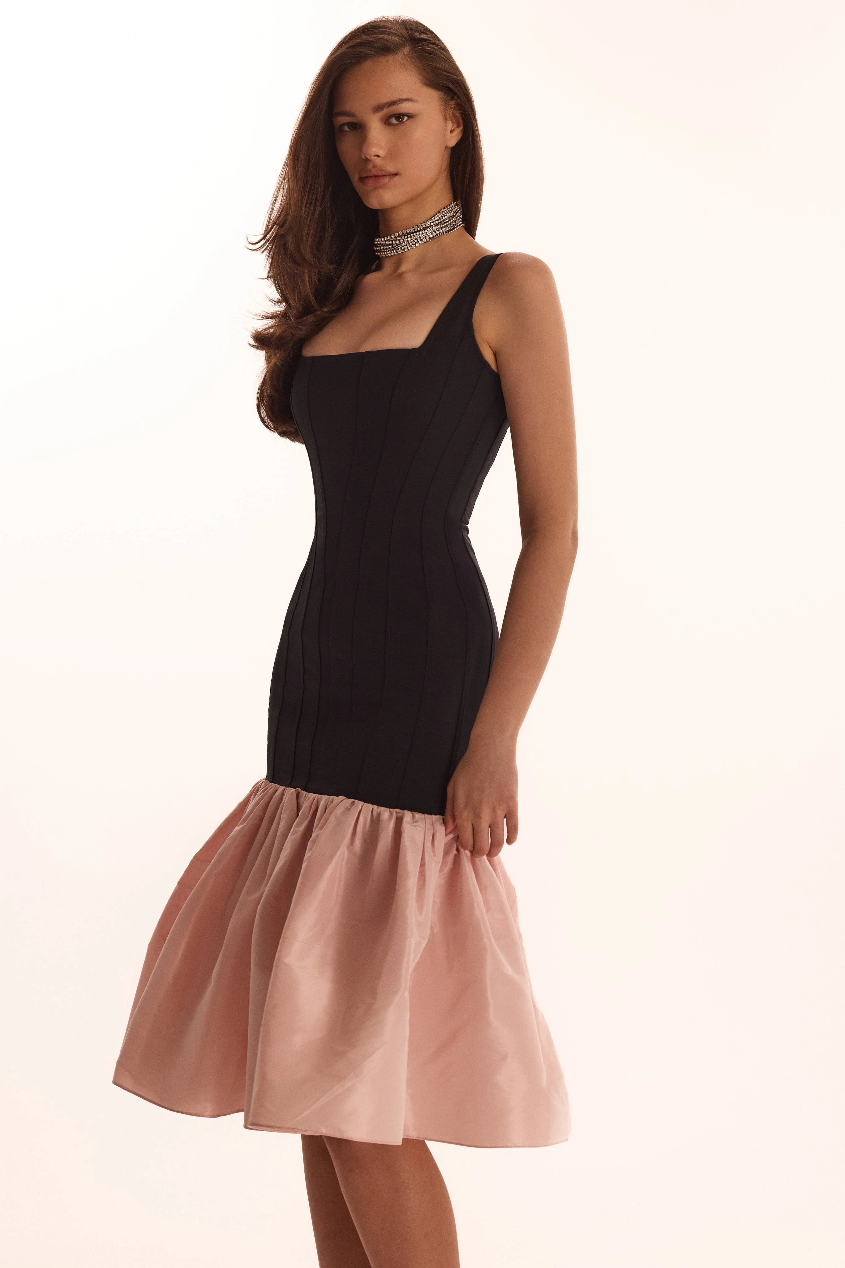 Black fitted maxi dress with pink puffy tiered skirt, Parisienne