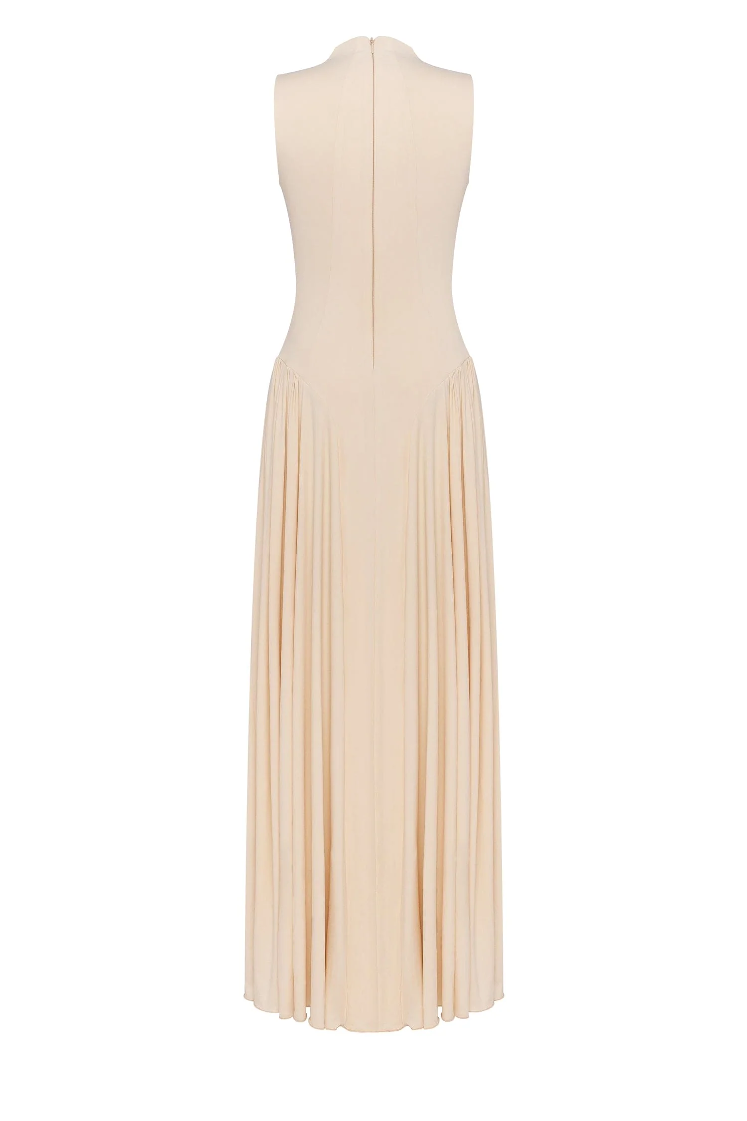 Nude sleeveless mock neck dress with a pleated maxi skirt