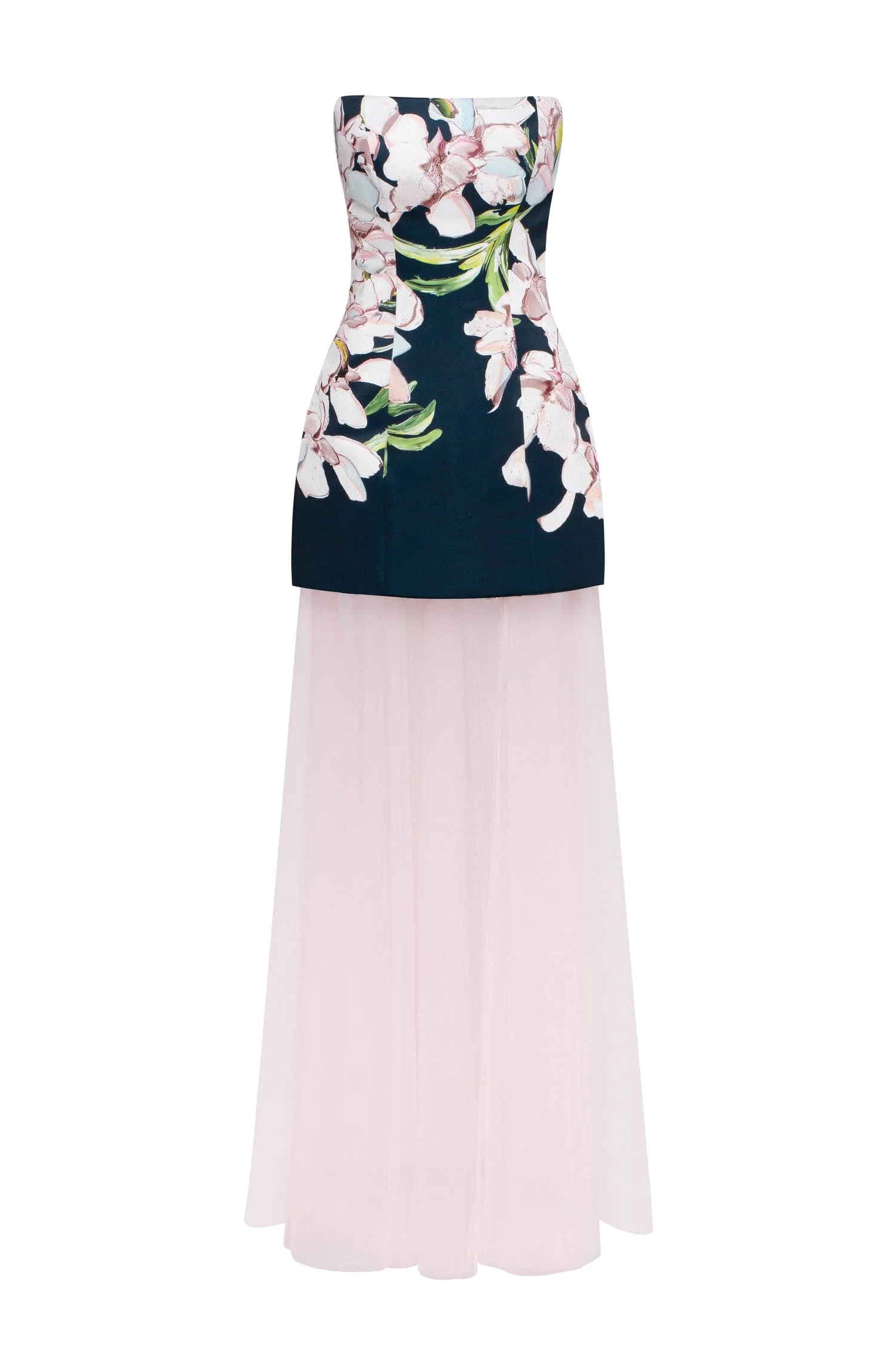 2-in-1 floral mini with a detachable candy pink sheer underskirt