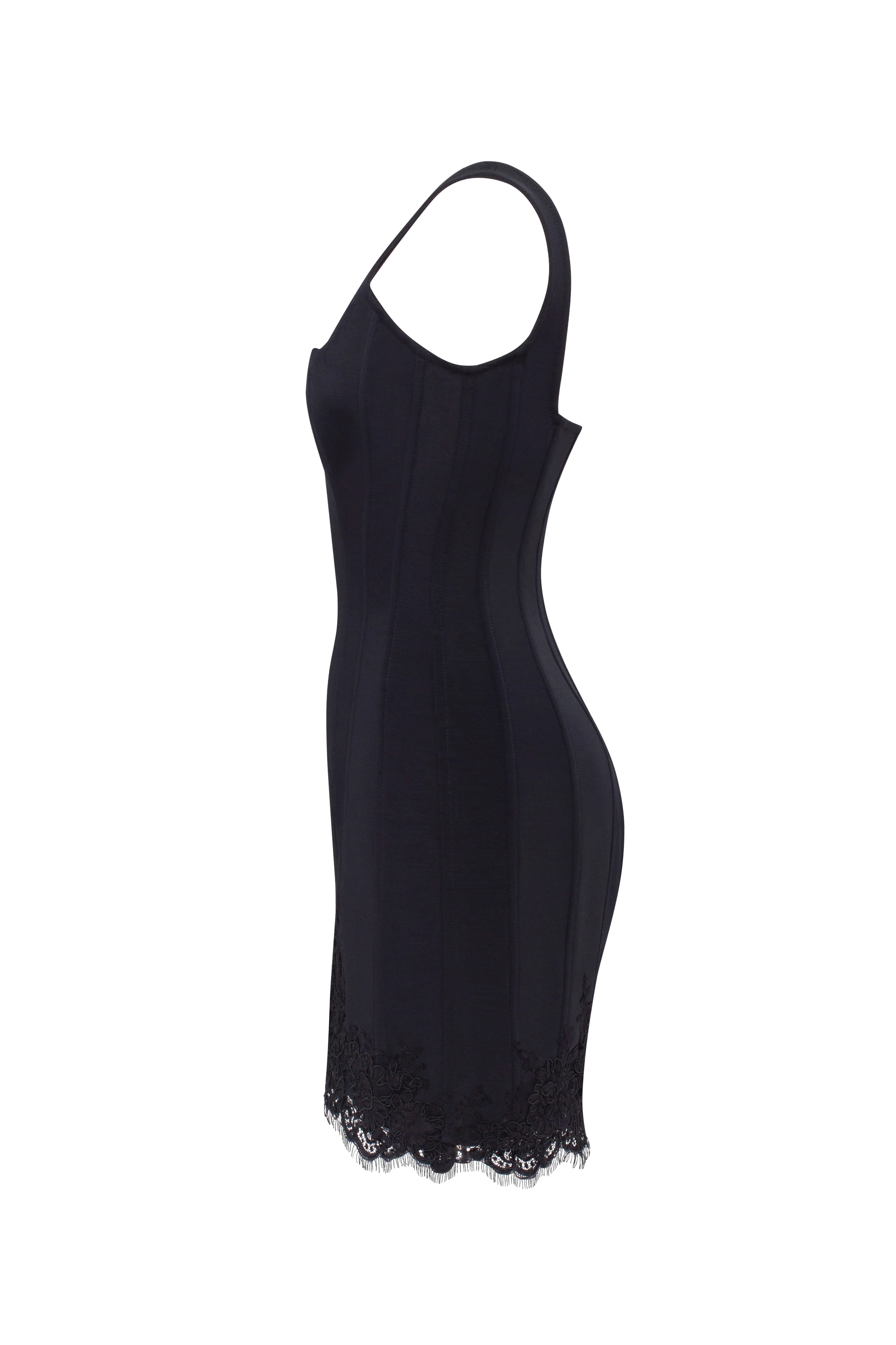 Sultry black corset mini dress with lace hem, Parisienne