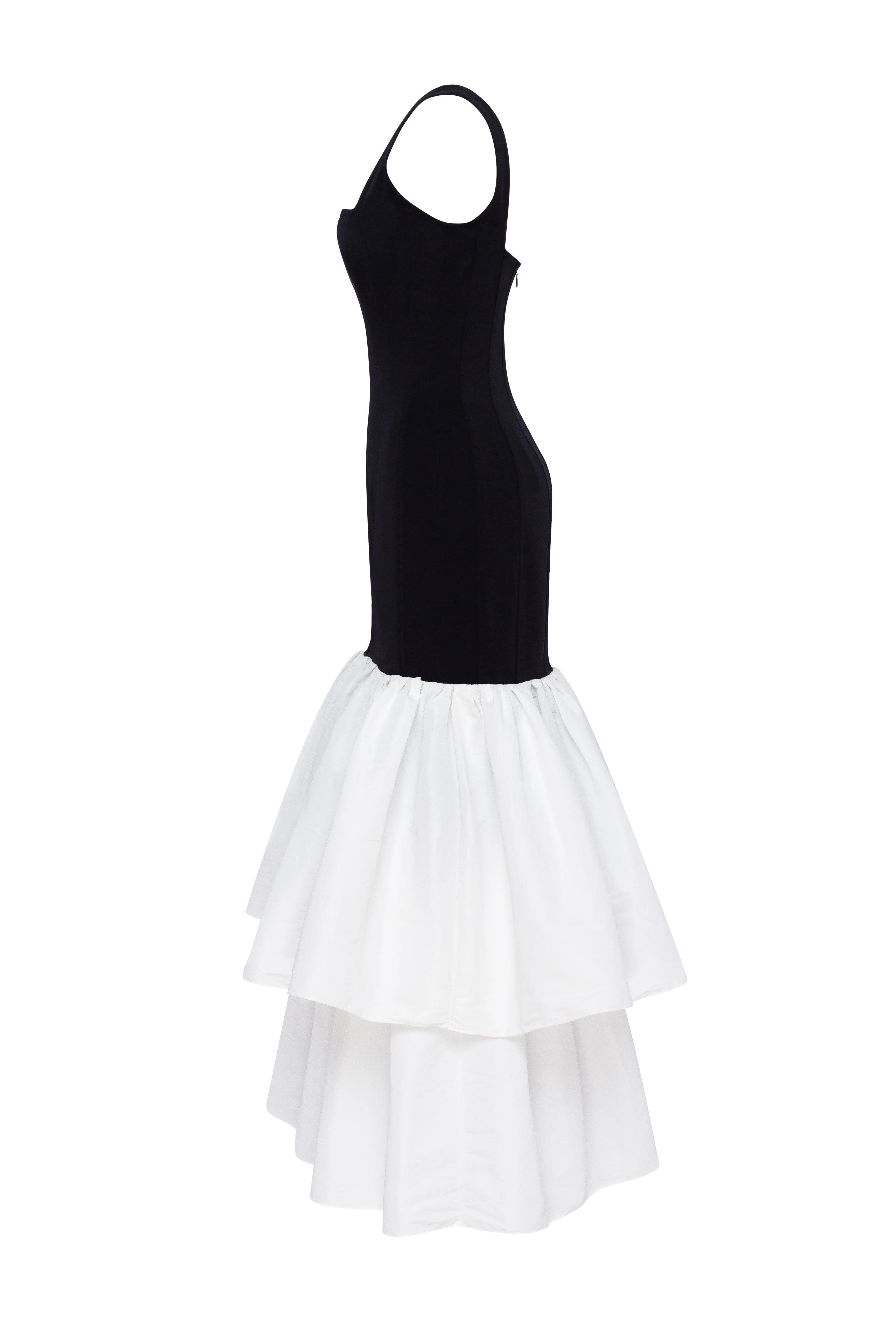Black fitted maxi dress with white puffy tiered skirt, Parisienne