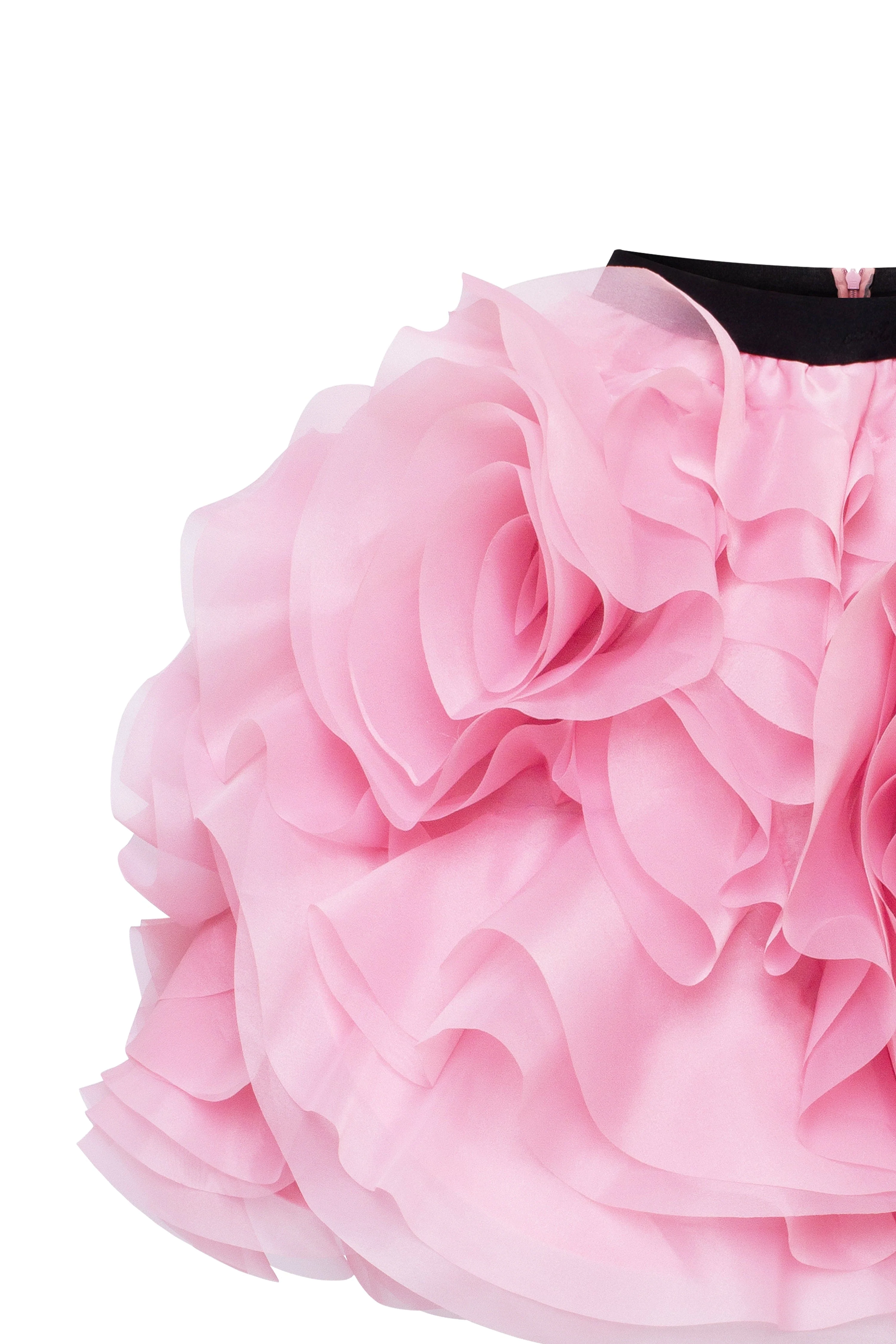 Danceable mini skirt with ruched flower appliques in pink, Midnight Walk