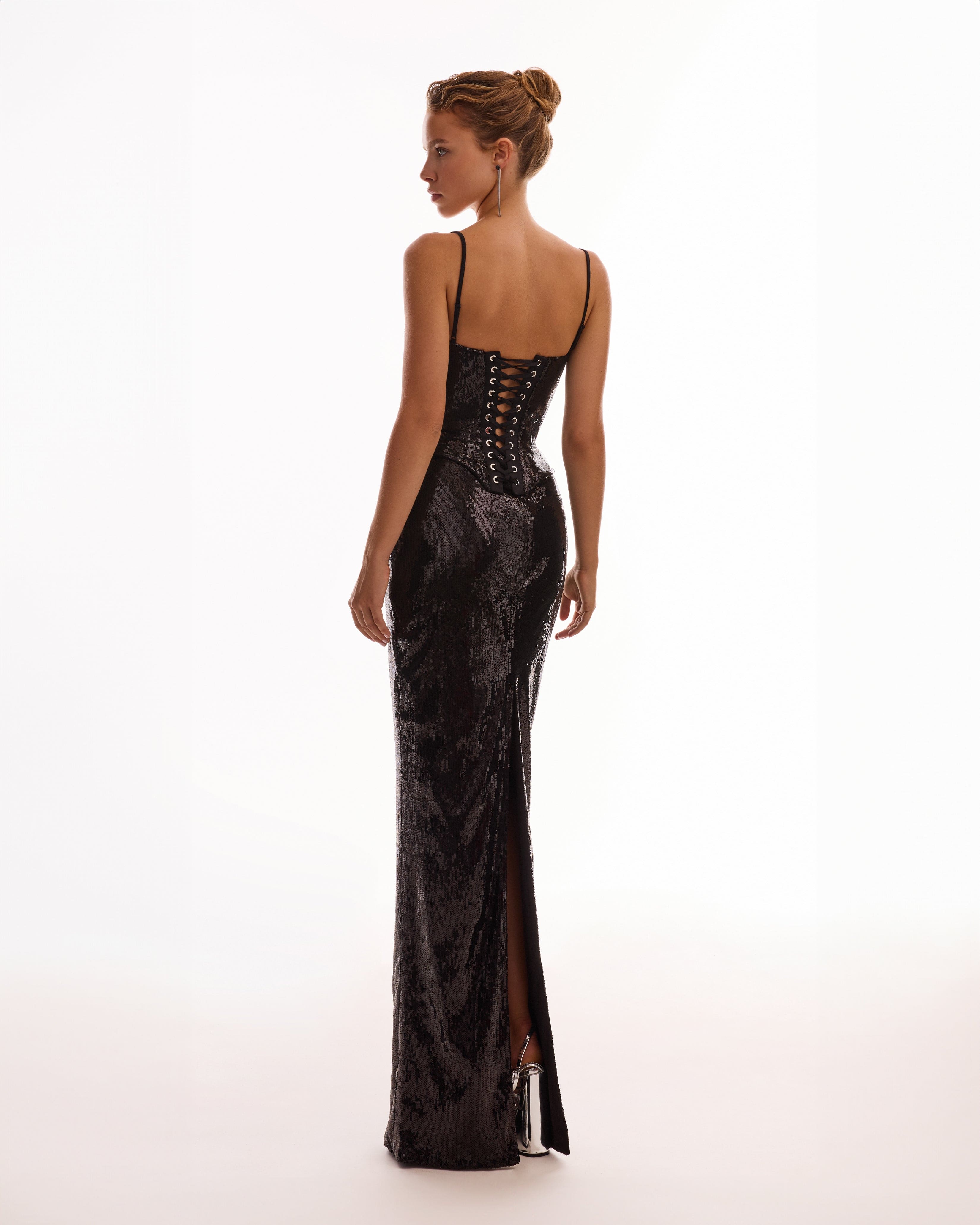 Sensational spaghetti straps sequined black corset, Midnight Walk
