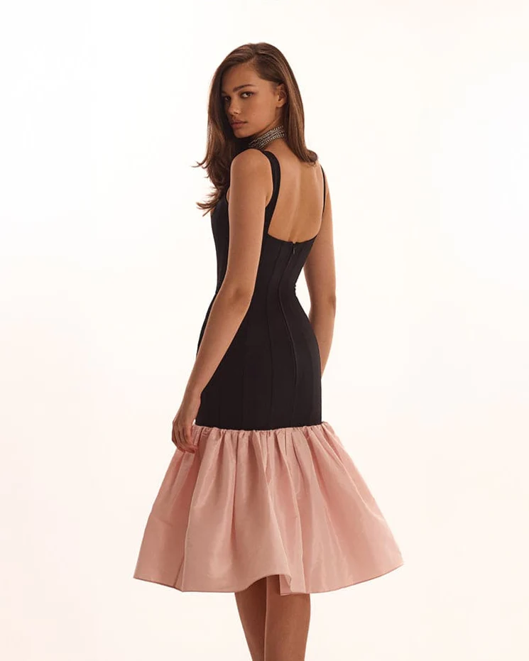 Black fitted maxi dress with pink puffy tiered skirt, Parisienne