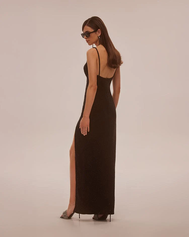 Spectacular sequined maxi gown on long spaghetti straps