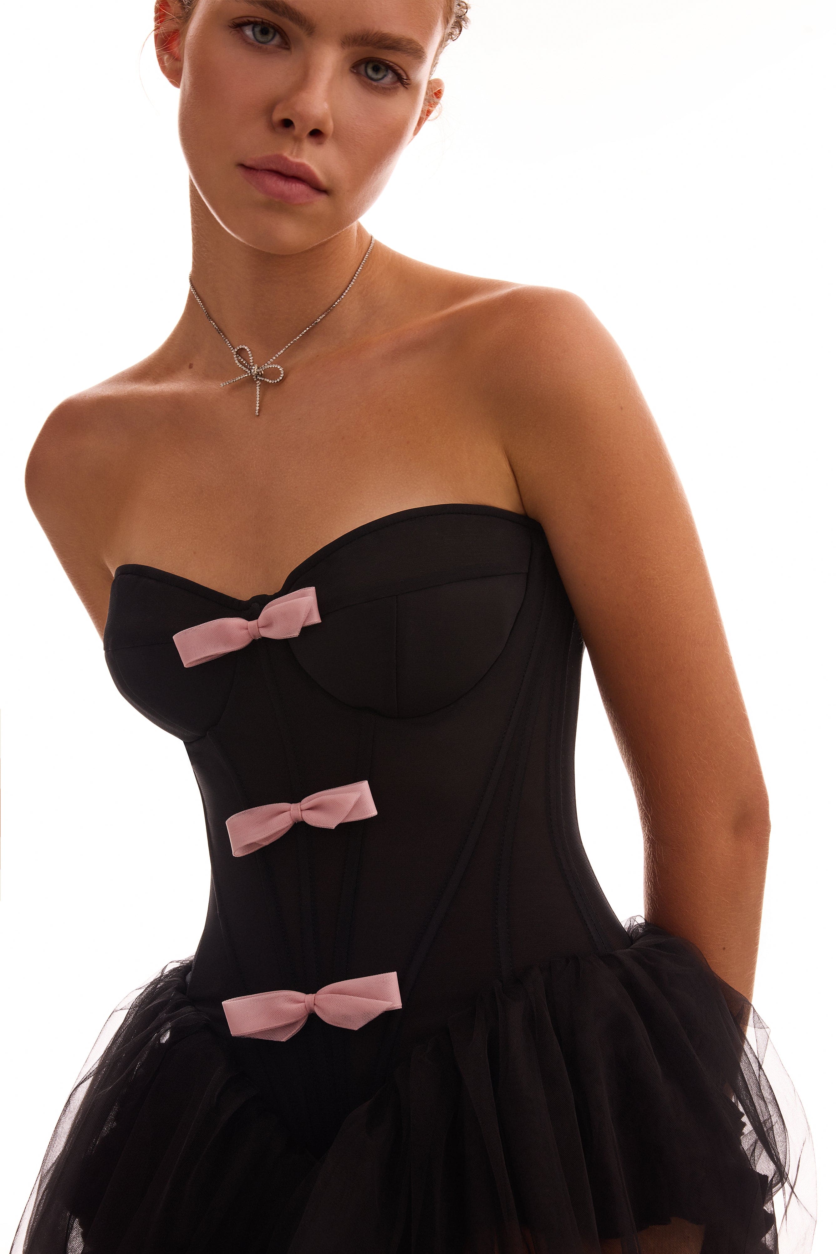 Tutu black mini dress with cute pink bows, Midnight Walk
