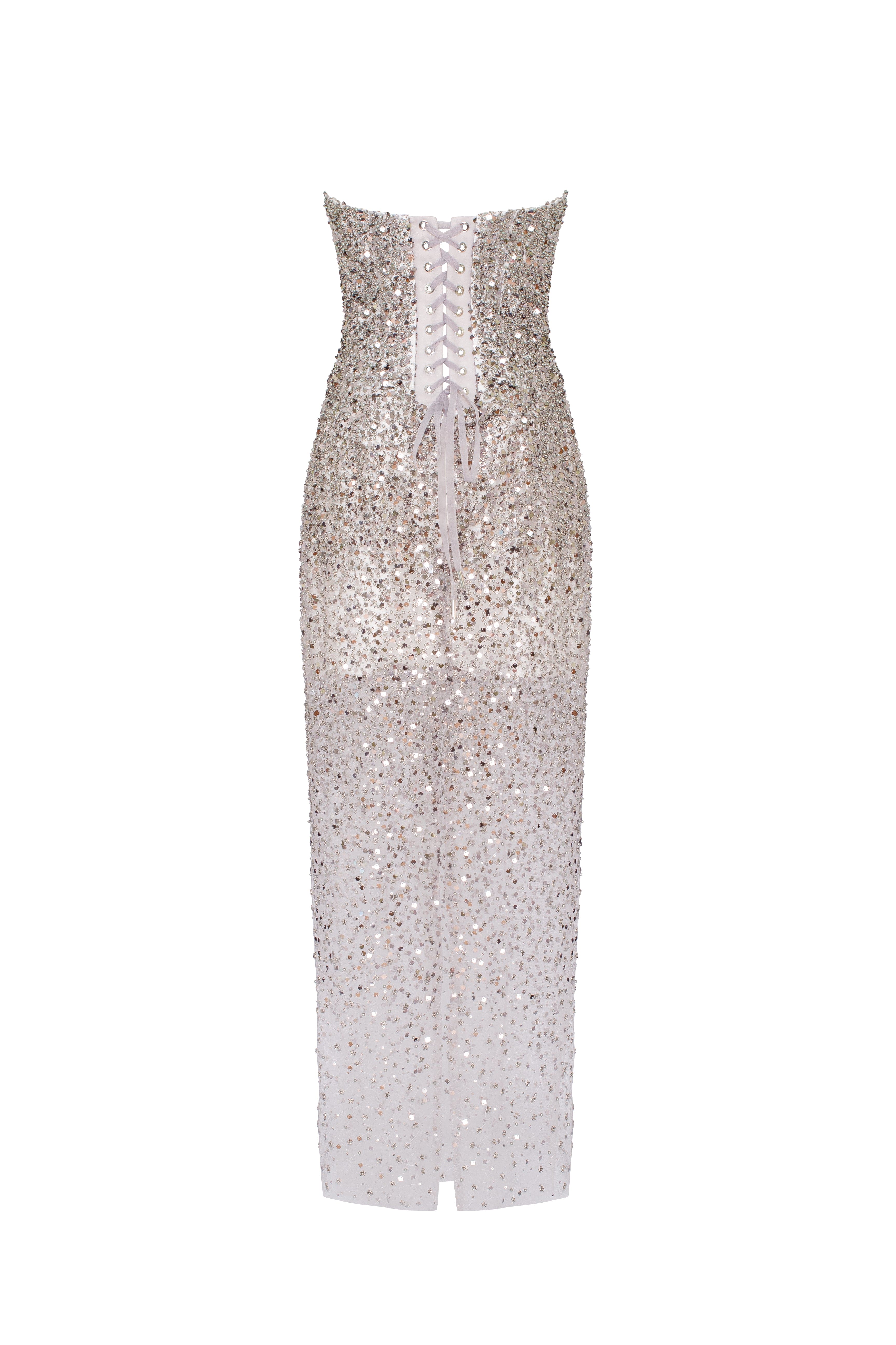 Entrance-worthy semi-sheer sequined silver maxi dress, Midnight Walk